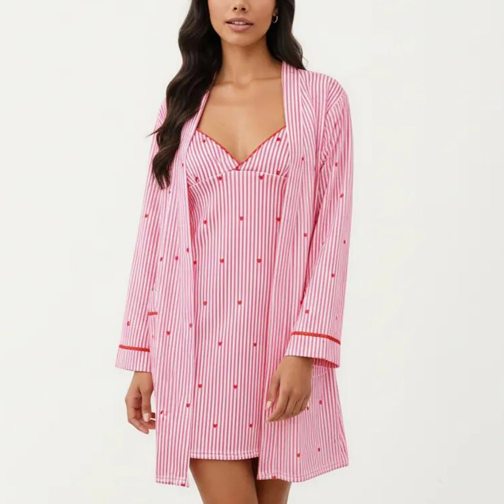 Anna-Kaci Women's 2-Piece Pajama Dress with V Neck and Long Sleeve Open Front Robe Striped Sleepwear Lounge Set