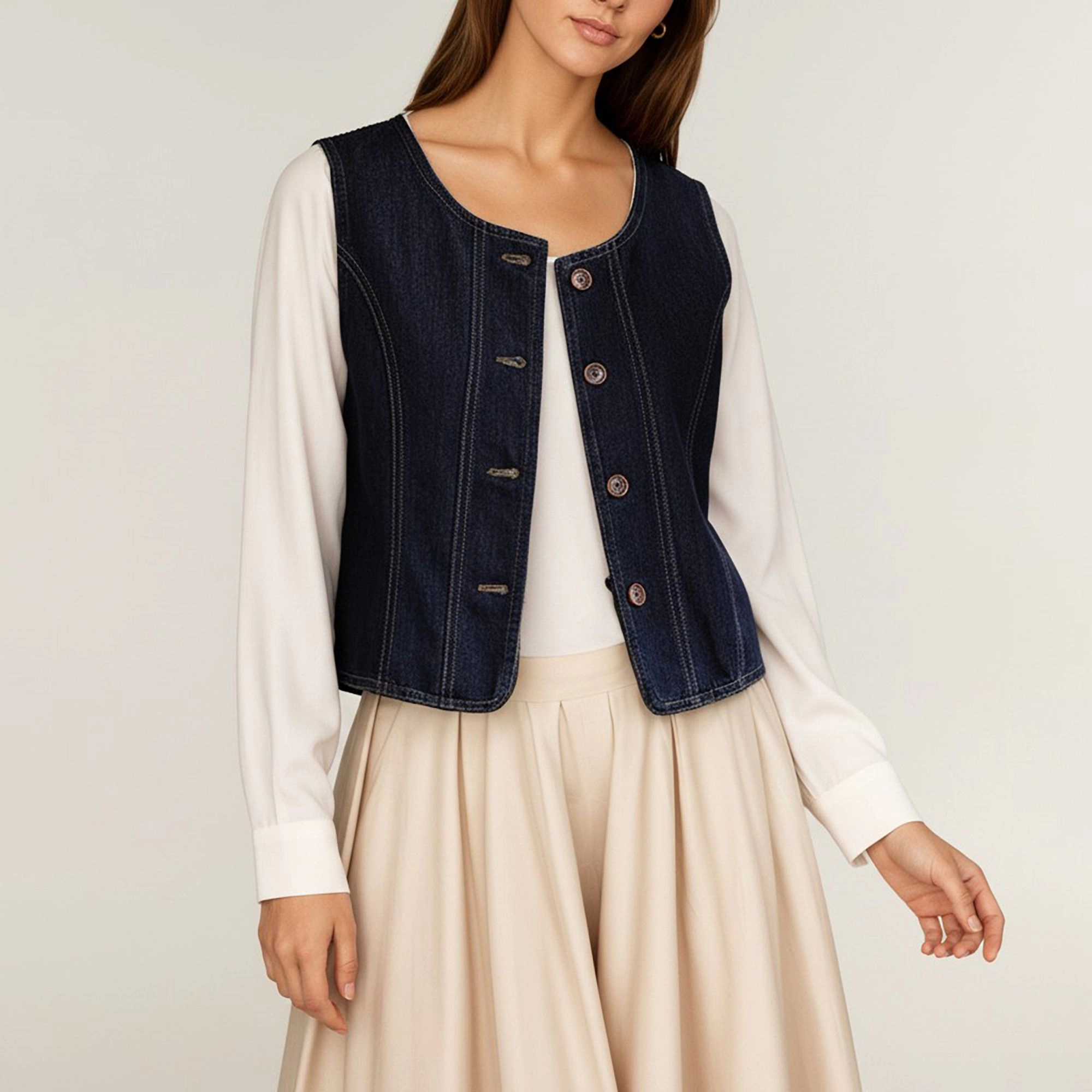 Anna-Kaci Women's Denim Vest with Round Neck Button Front Sleeveless Silhouette and Contrast Stitching