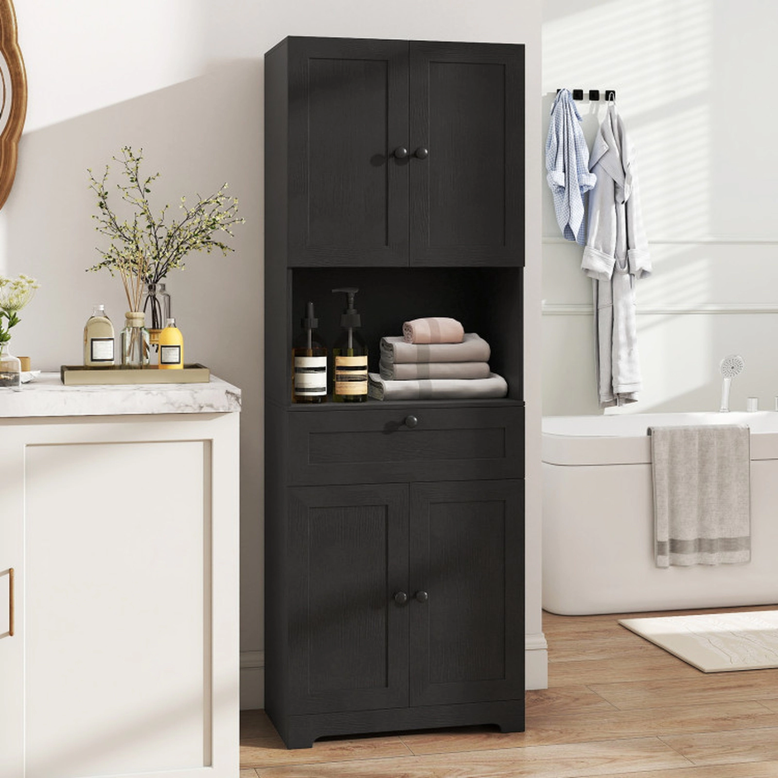 SUGIFT Tall Freestanding Floor Storage Cabinet with 4 Doors 1 Drawer 243-lb Capacity Black