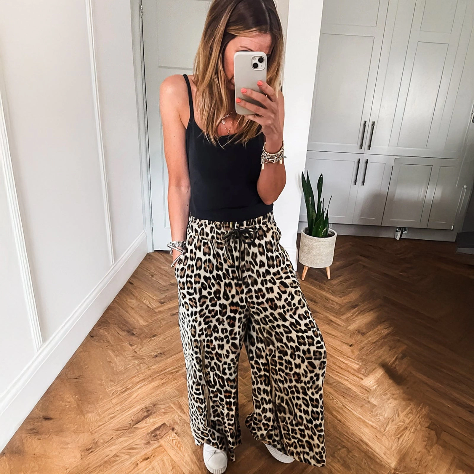 Sol Living Womens Parchment Leopard Drawstring Elastic Waistband Flowy Wide Leg Pants