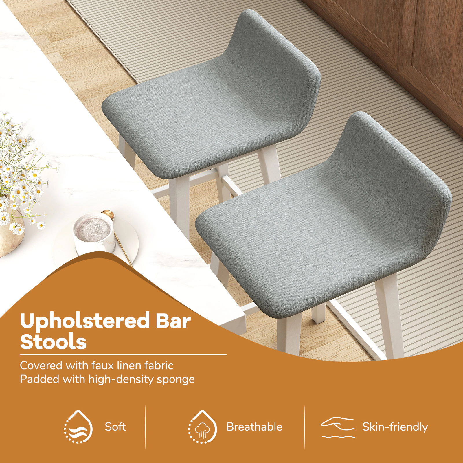 SUGIFT Set of 2 24-Inch Counter-Height Bar Stools, Low-Back Faux Linen Seats, Rubber Wood Legs