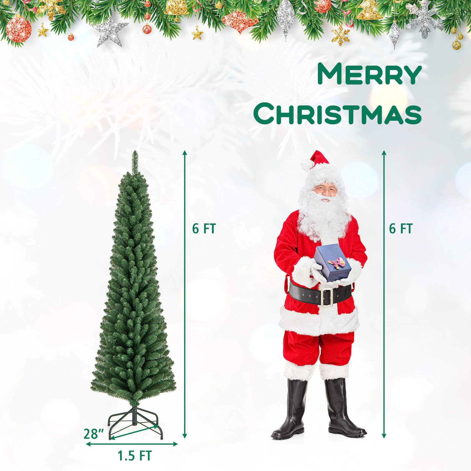 SUGIFT 6-ft Slim Pencil Artificial Christmas Tree, 392 Memory Wire Tips, Metal Stand