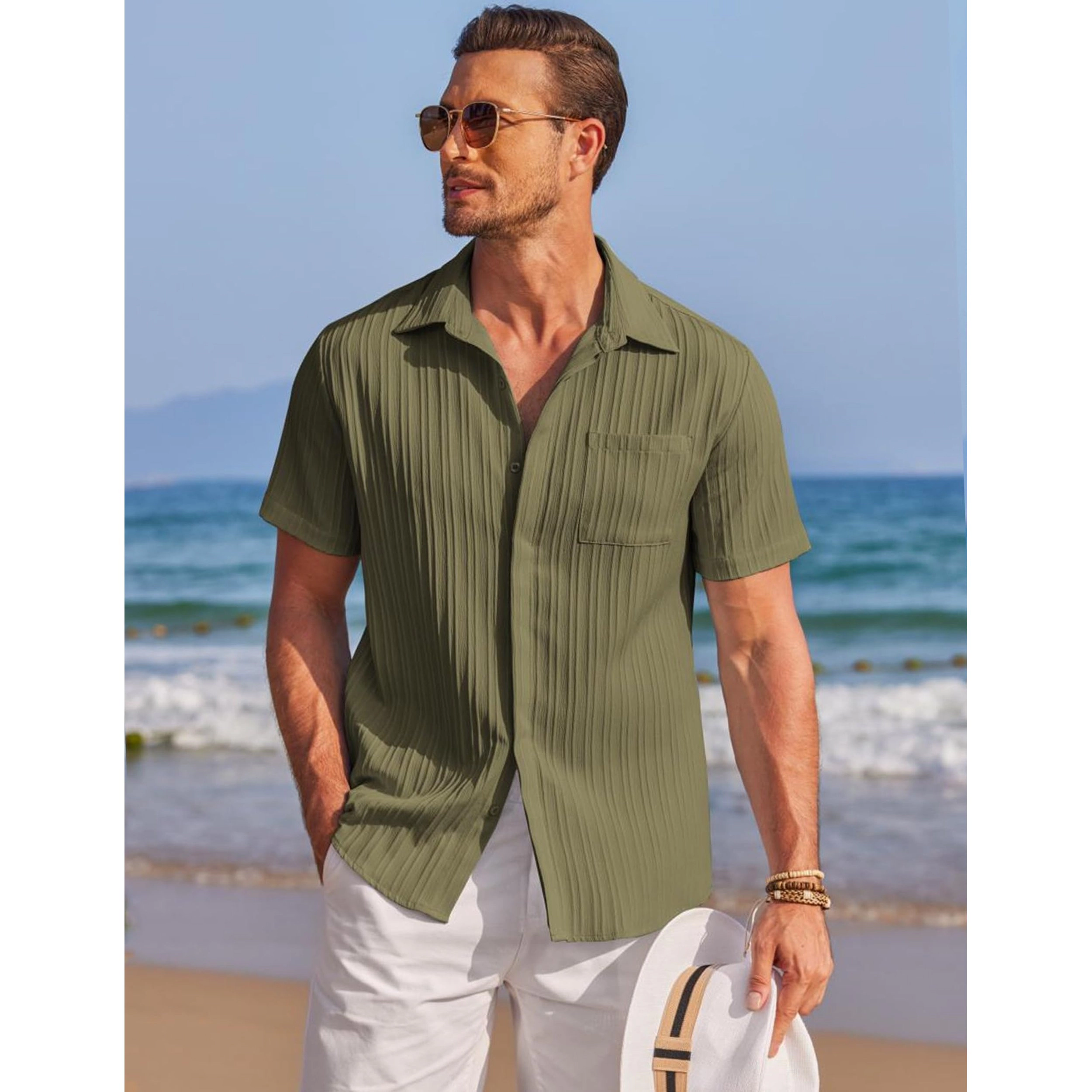 COOFANDY Mens Short Sleeve Button Down Shirts  V Neck Pleated Casual Tops