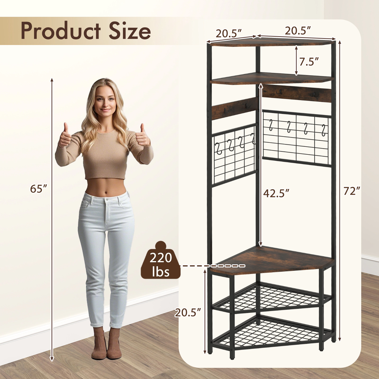 SUGIFT 5-Tier 72-in Tall Corner Hall Tree with Shoe Storage Bench 12 Hooks and Entryway Coat Rack
