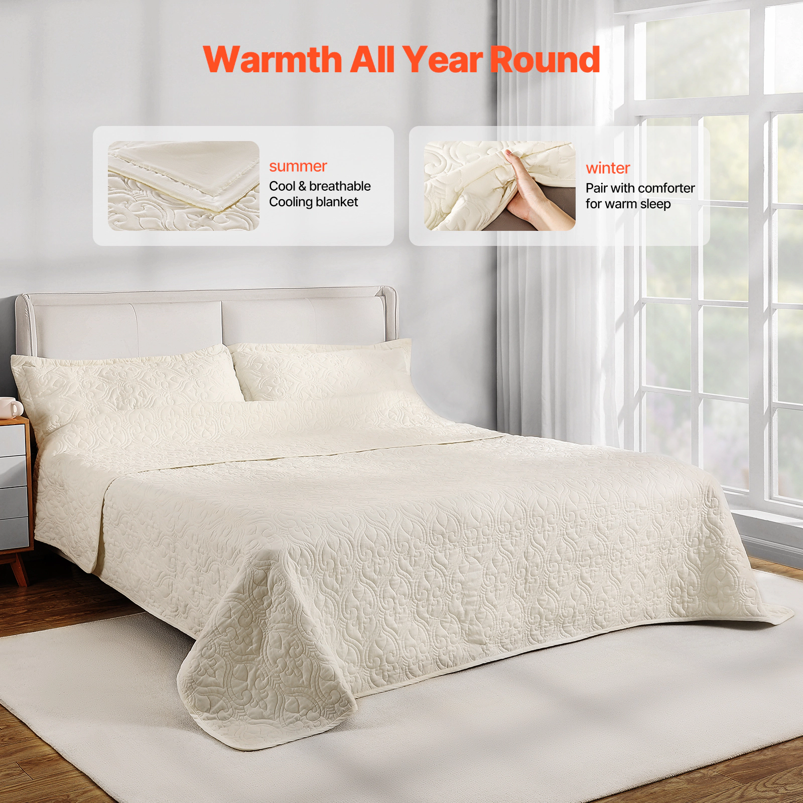 HONGGE Quilt Set, 3-Piece Lightweight Comforter, Bedding Set, Beige Bedspreads with 1 Quilt and 2 Pillow Shams