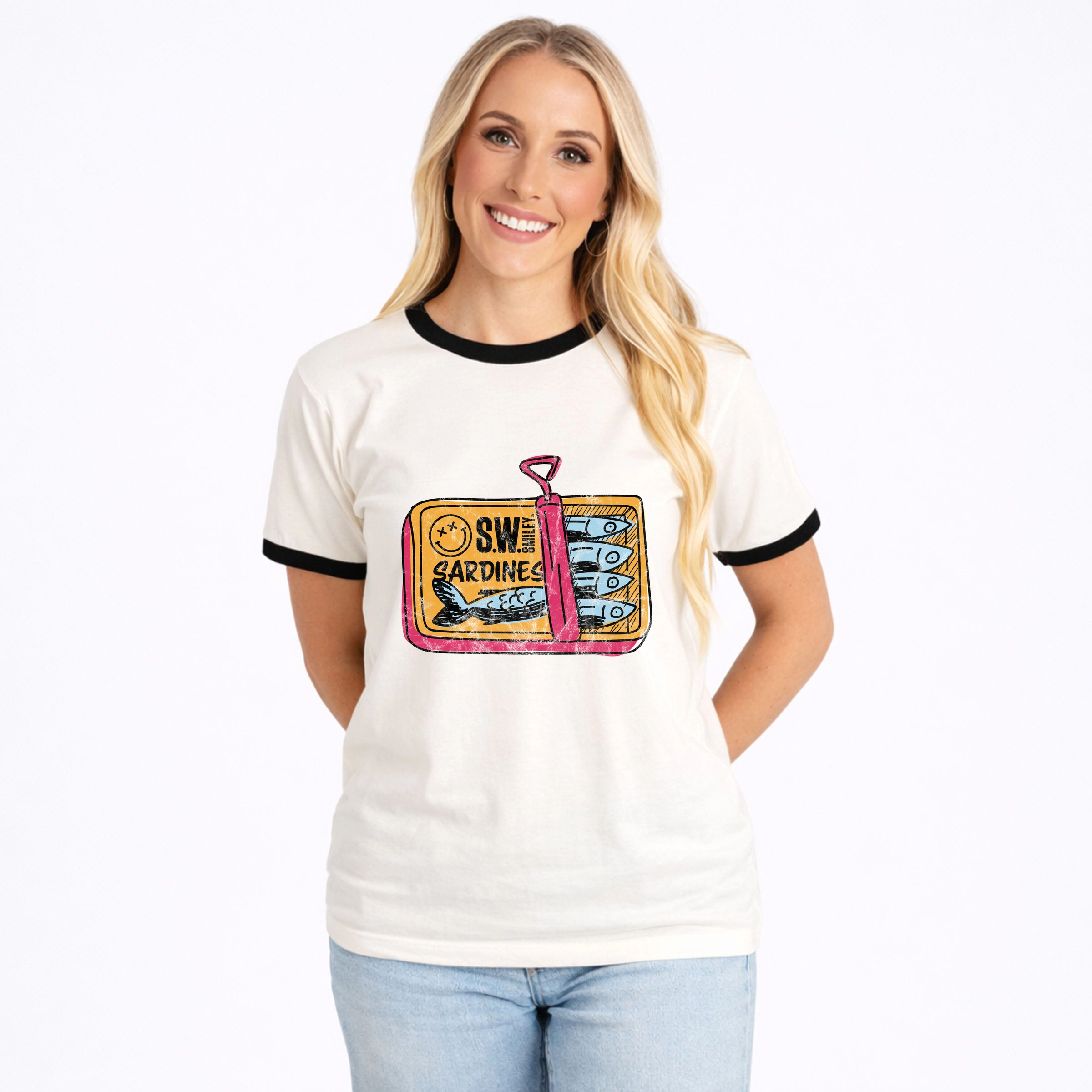 Simply Sage Market - Women's Ringer Graphic T-Shirt S.W.Smiley Sardine Tin