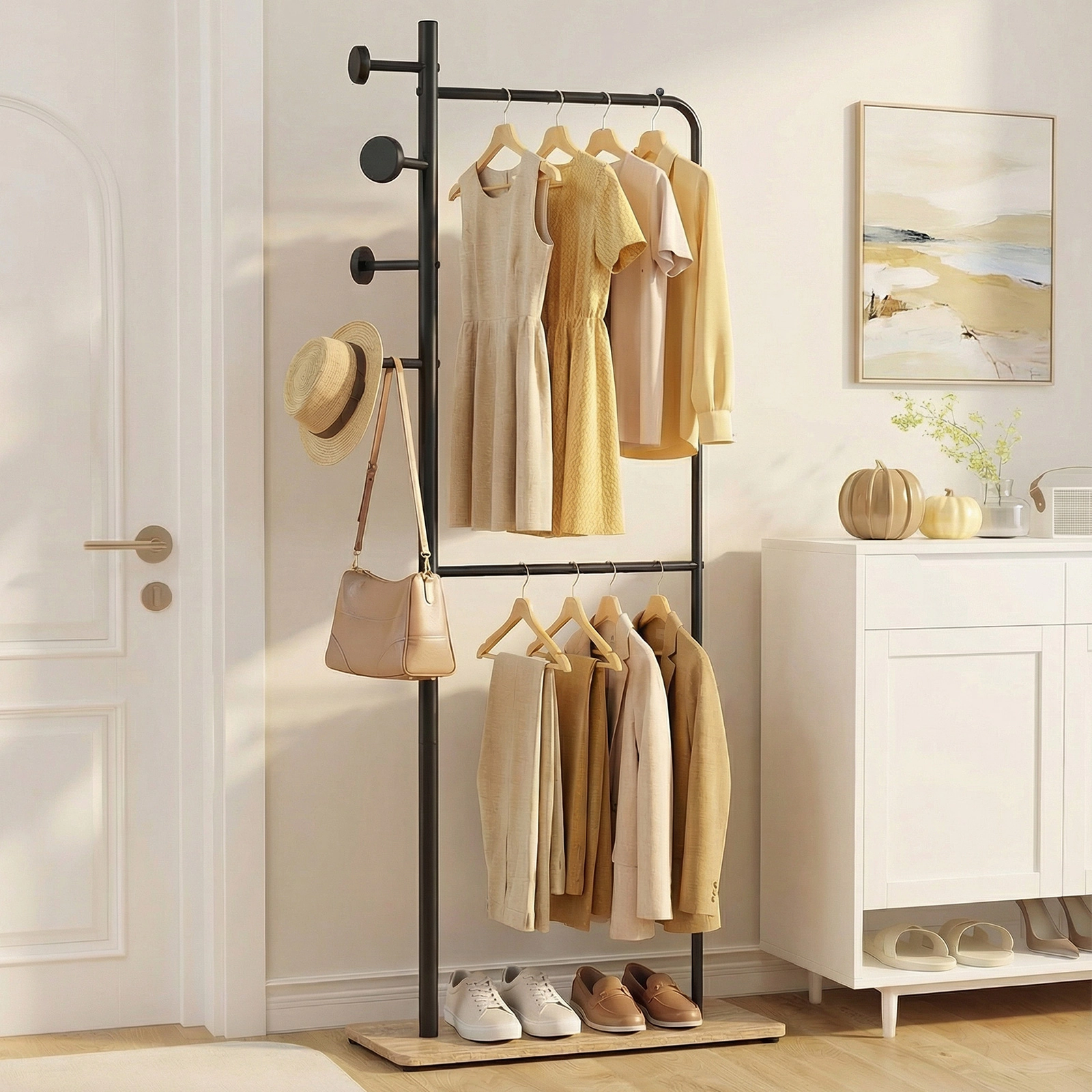 SUGIFT 66-in 110-lb Capacity Double Rod Clothes Rack with 4 Rubber Wood Hooks and Wooden Bottom Shelf