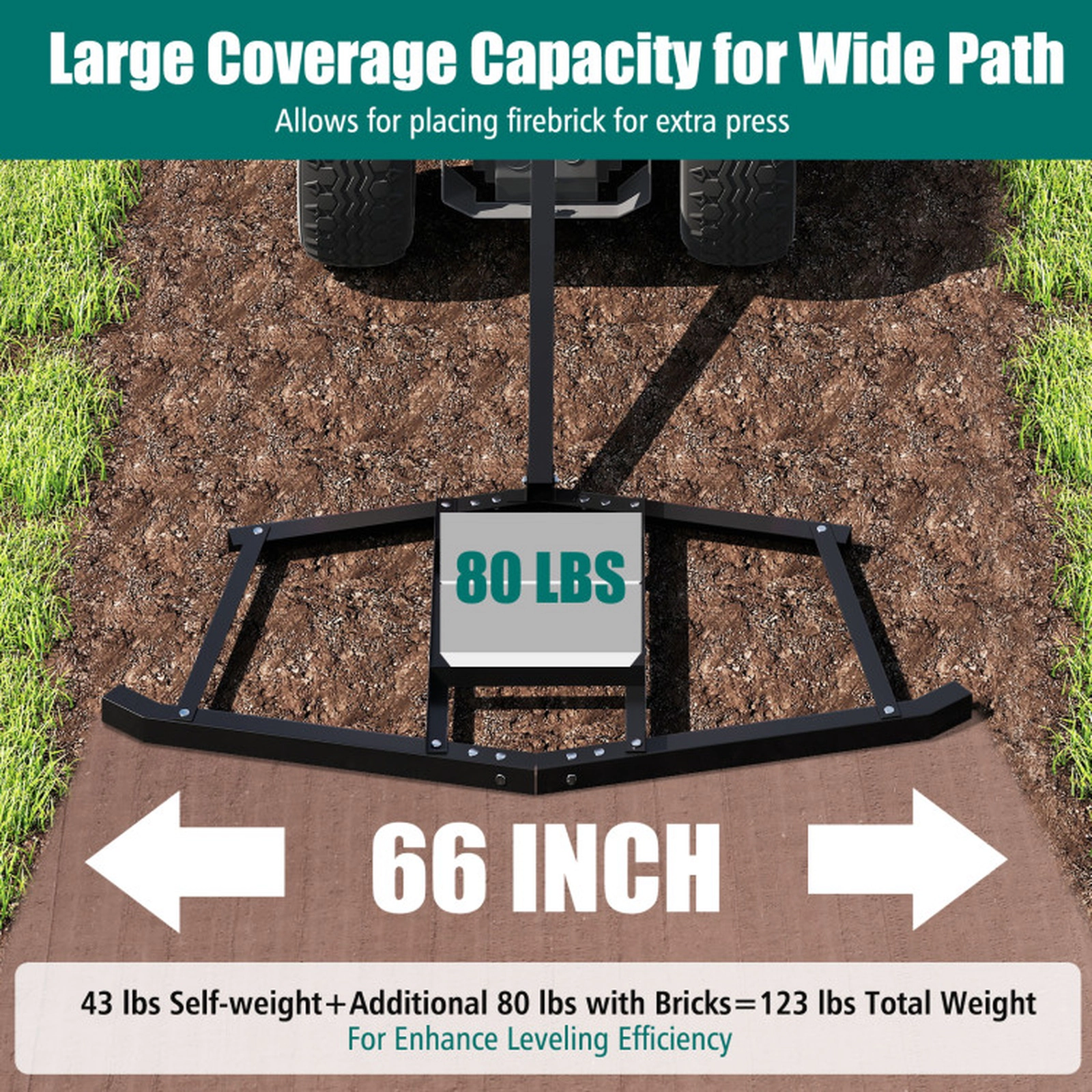 SUGIFT 66-in Wide Tow-Behind Driveway Drag Landscape Leveling Rake 80-lb Brick Capacity 43-lb Metal Frame Black 1-Pc