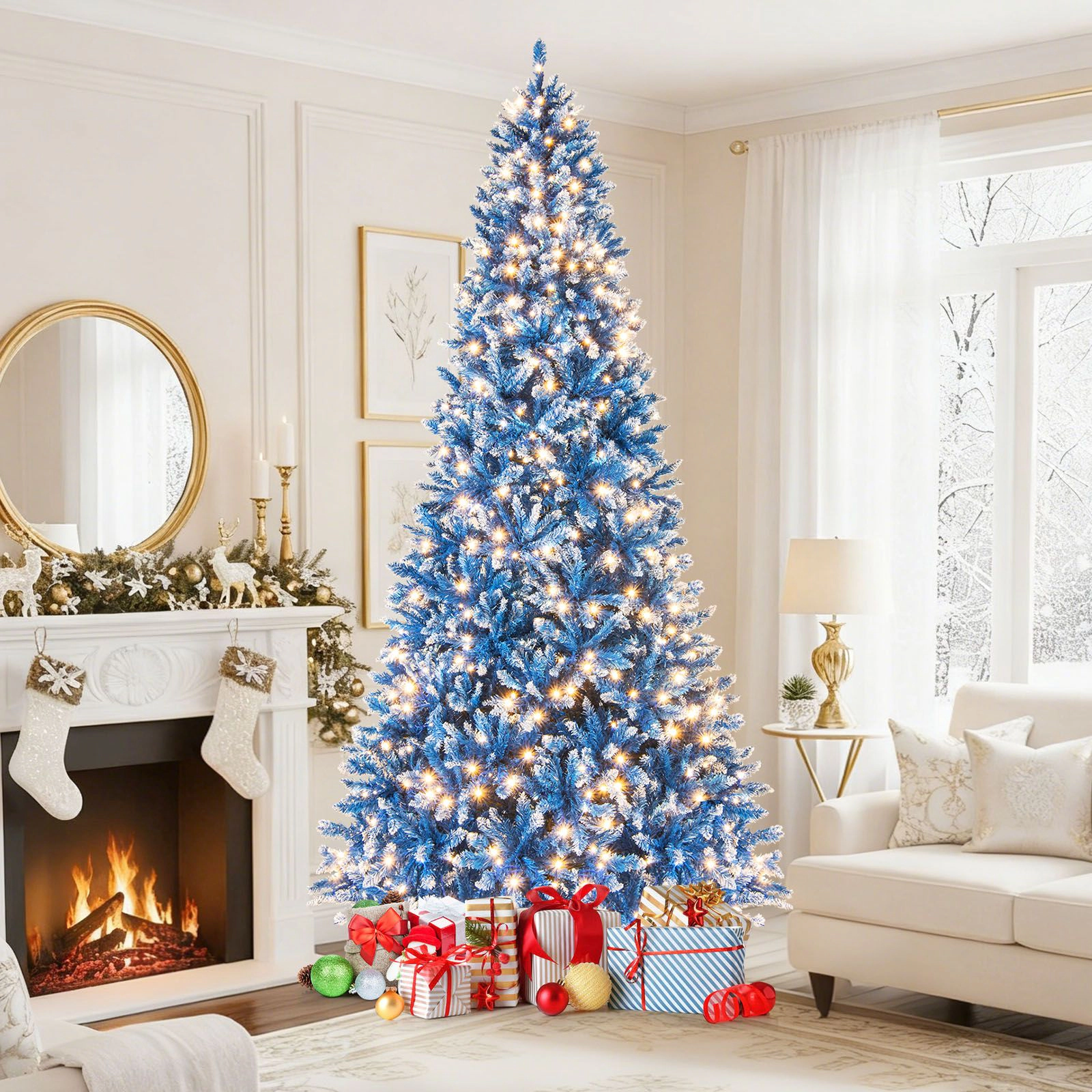 SlickBlue Blue Snow Flocked Christmas Tree with LED Lights and Metal Stand