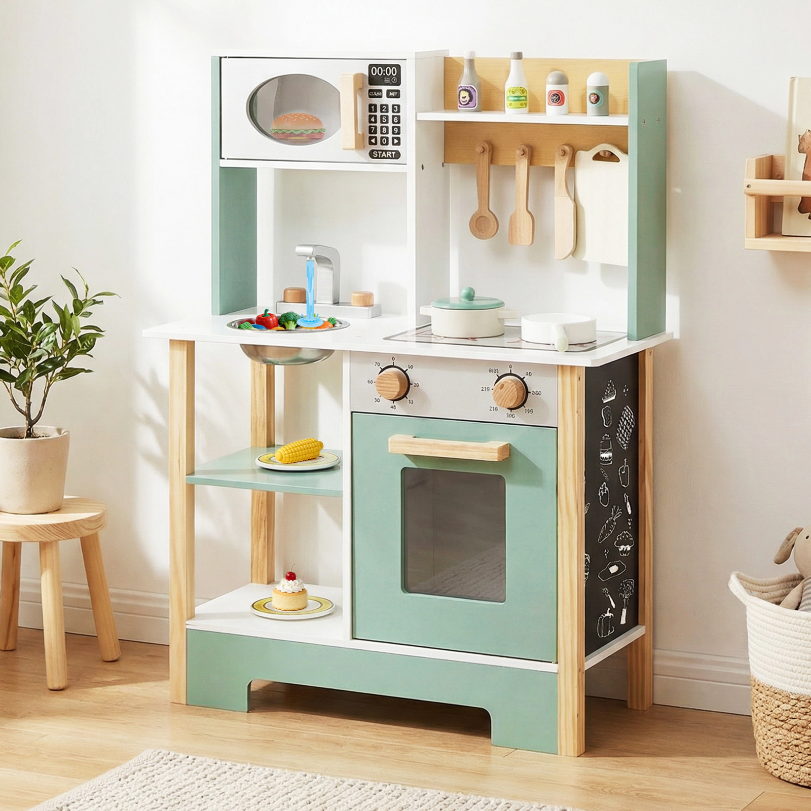 Wooden Play Kitchen with Built-In Chalkboard Dish Rack Spice Rack and 4 Hooks 24-in x 10-in x 33.5-in Green