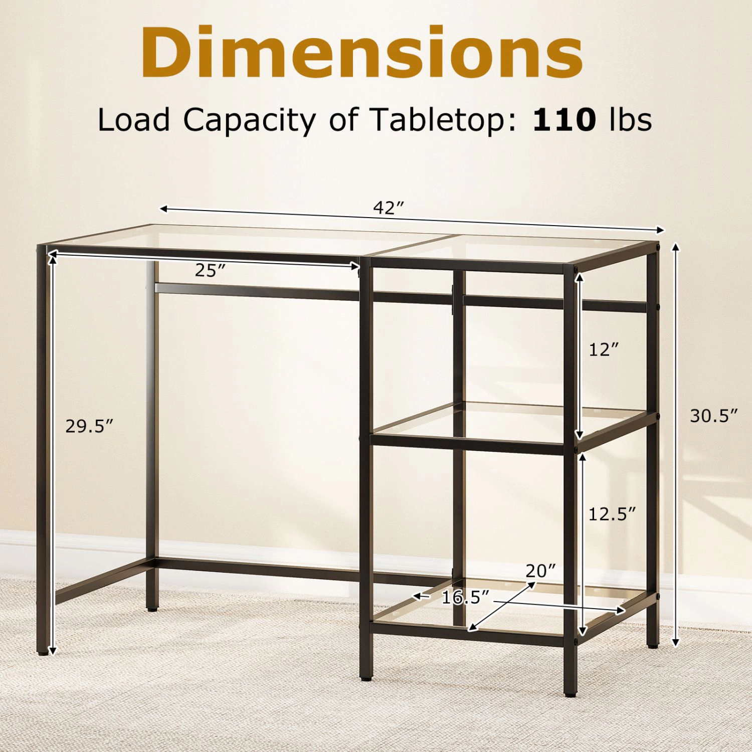 SlickBlue 42 Inch Glass Console Table with 2 Tier Storage Shelves