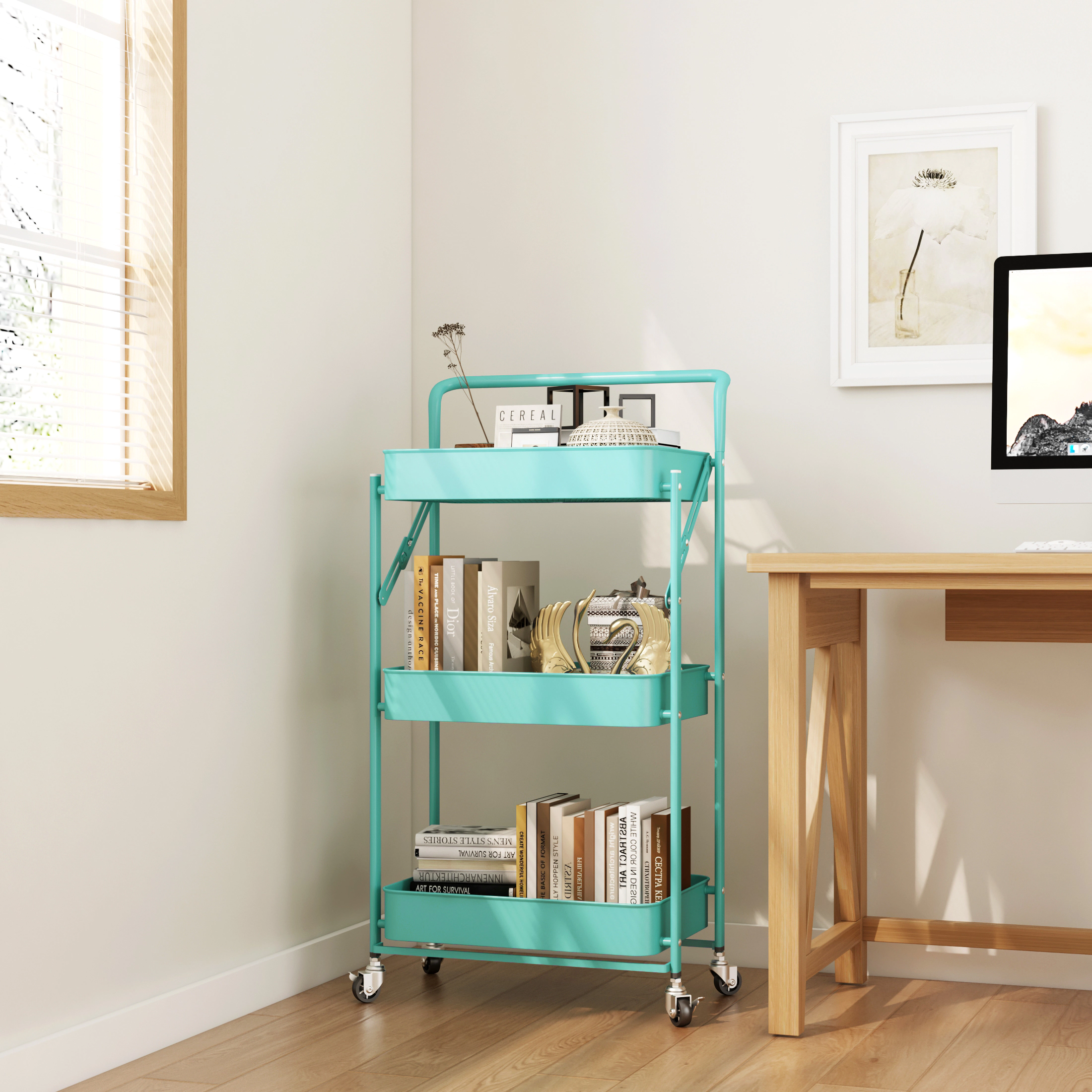 Mega Casa Foldable Rolling Cart 3-Tier Utility Storage Multifunctional Metal Bin Organizer Carts