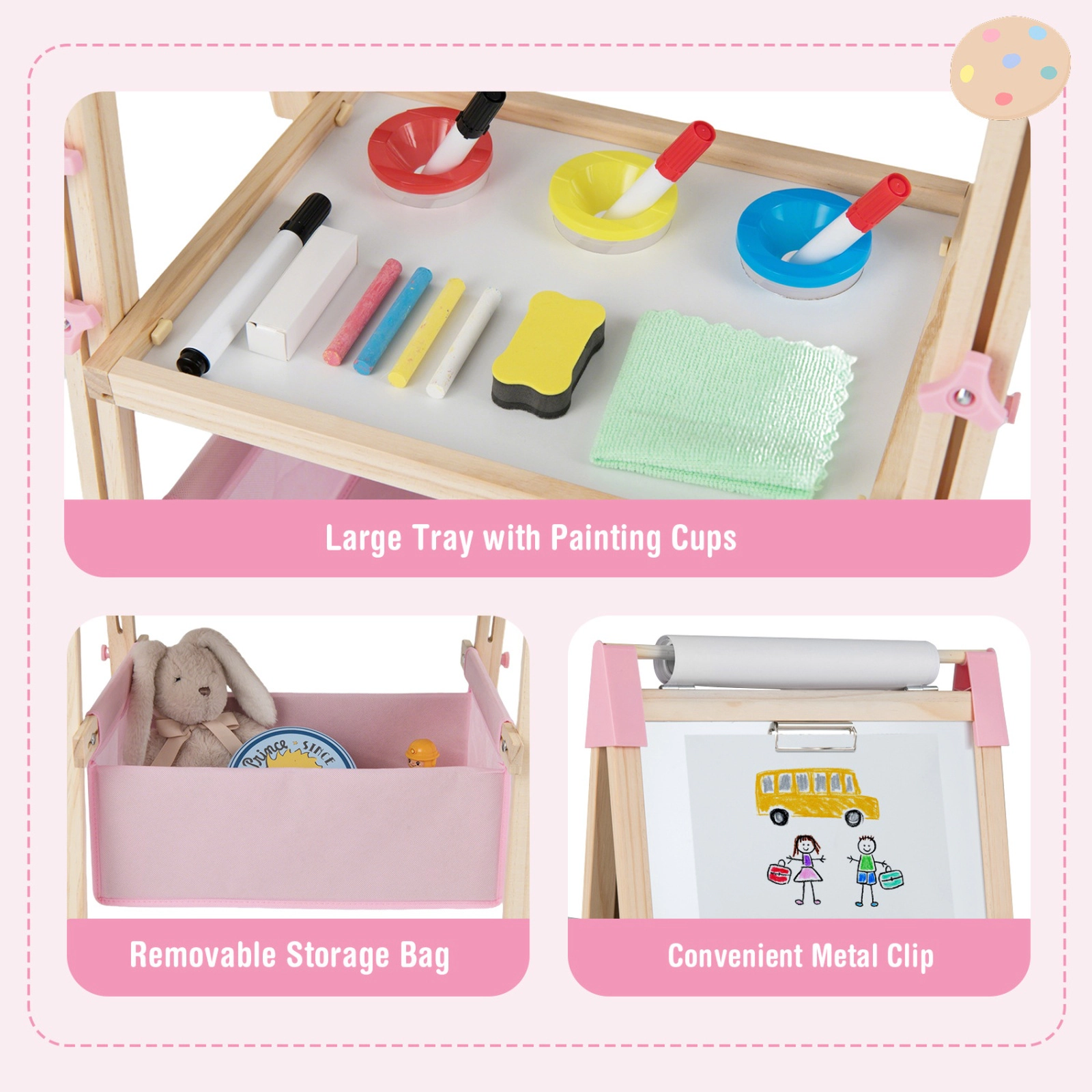 SUGIFT Pink Paper Roll and Storage Bag 3-in-1 Double-Sided Adjustable Kids Easel