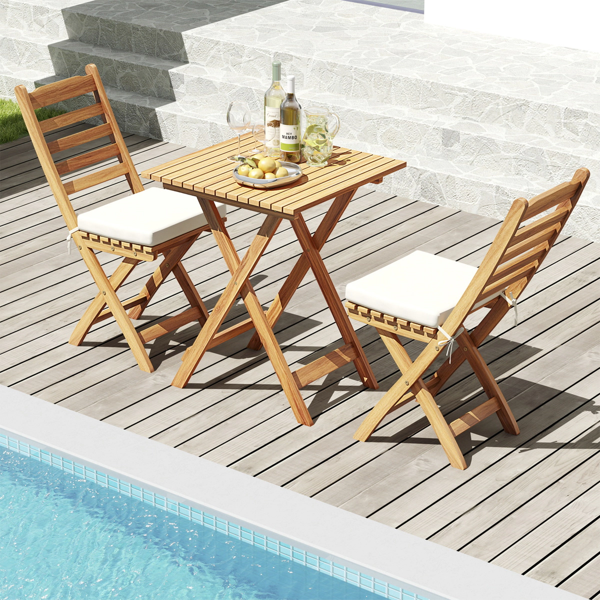 SUGIFT White Table and Seat Cushions 3-Piece Folding Acacia Wood Patio Bistro Set
