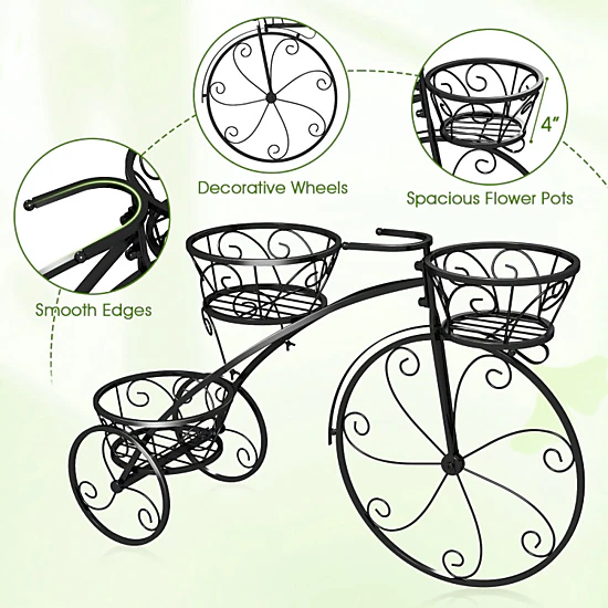 Hivvago Tricycle Plant Stand Flower Pot Cart Holder with 3 Hollowed Baskets