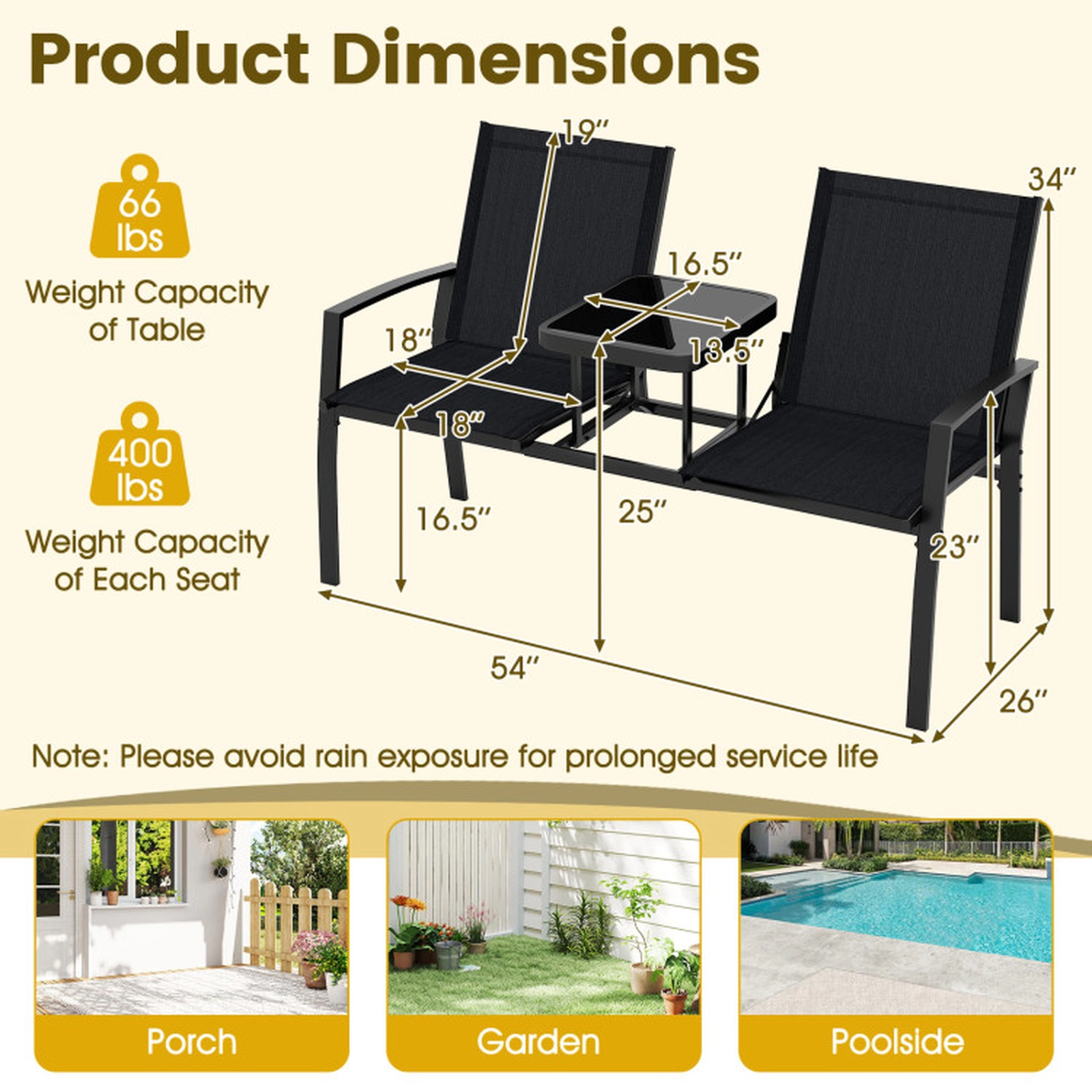 SUGIFT Black Outdoor Loveseat with Built-In Glass Table, 400-lb Seat Capacity