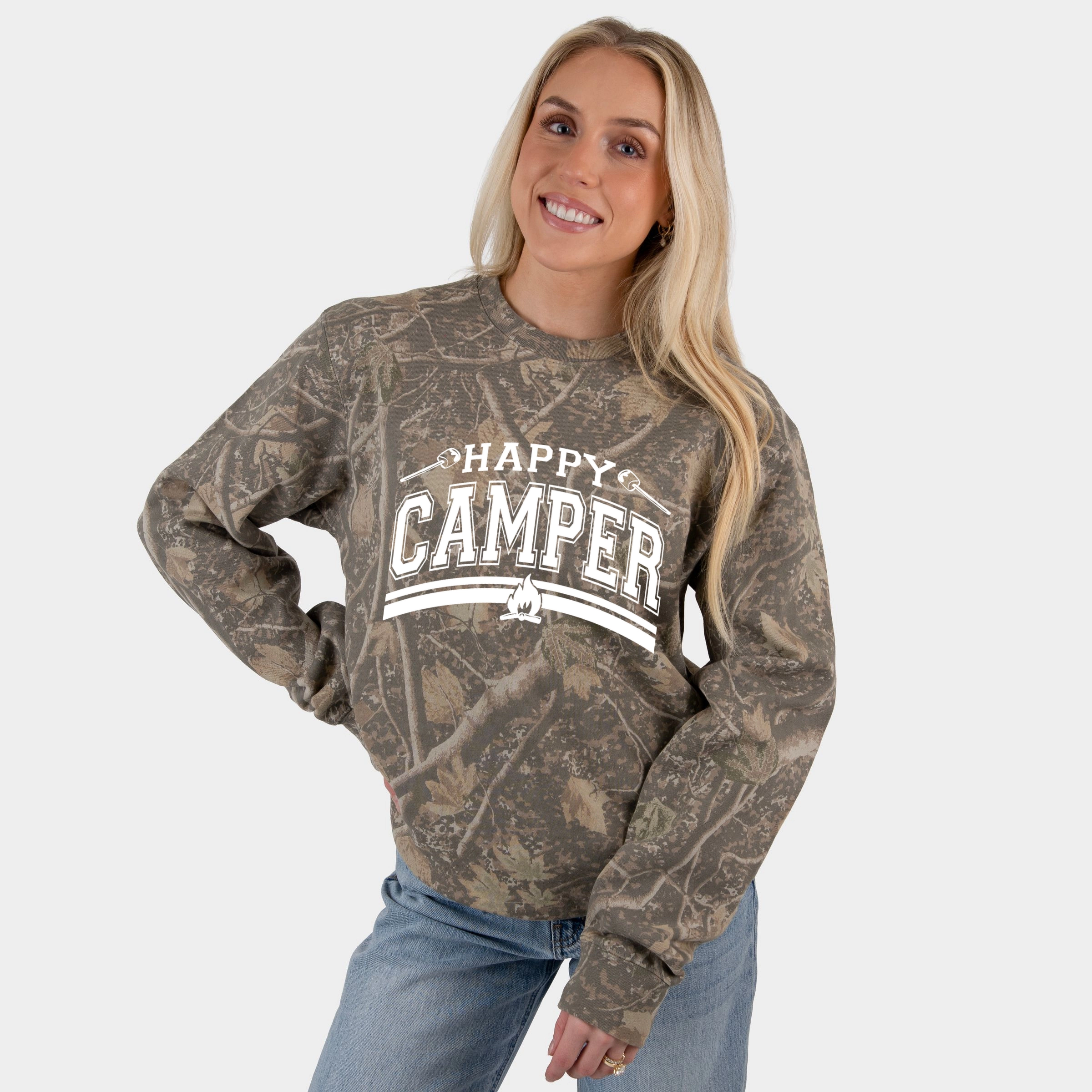 Simply Sage Market - Happy Camper Fire Women's Camo Sweatshirt