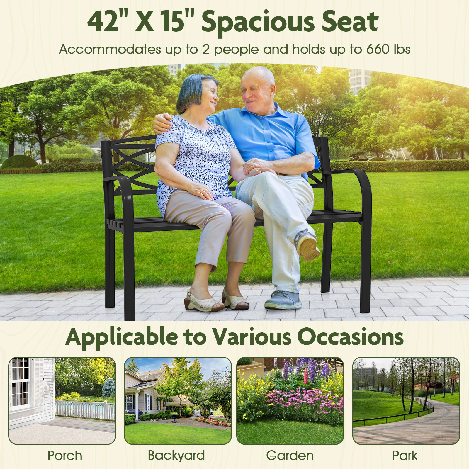 SUGIFT Reinforced Metal Garden Bench with Curved Armrests and Backrest 660-lb Capacity Black