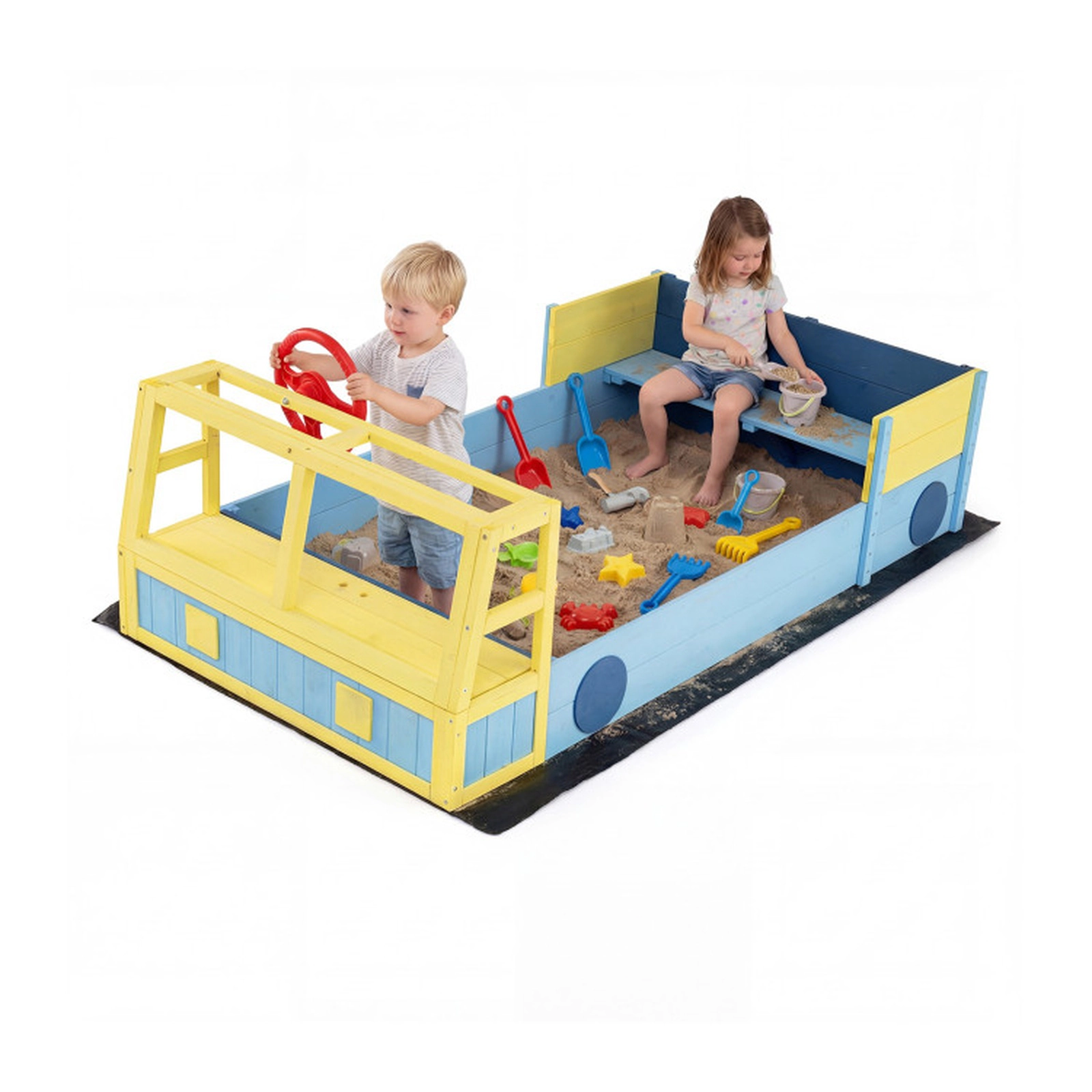SUGIFT Blue Bottom Liner Bench Seat and Fir Wood Frame Large Car-Theme Kids Sandbox
