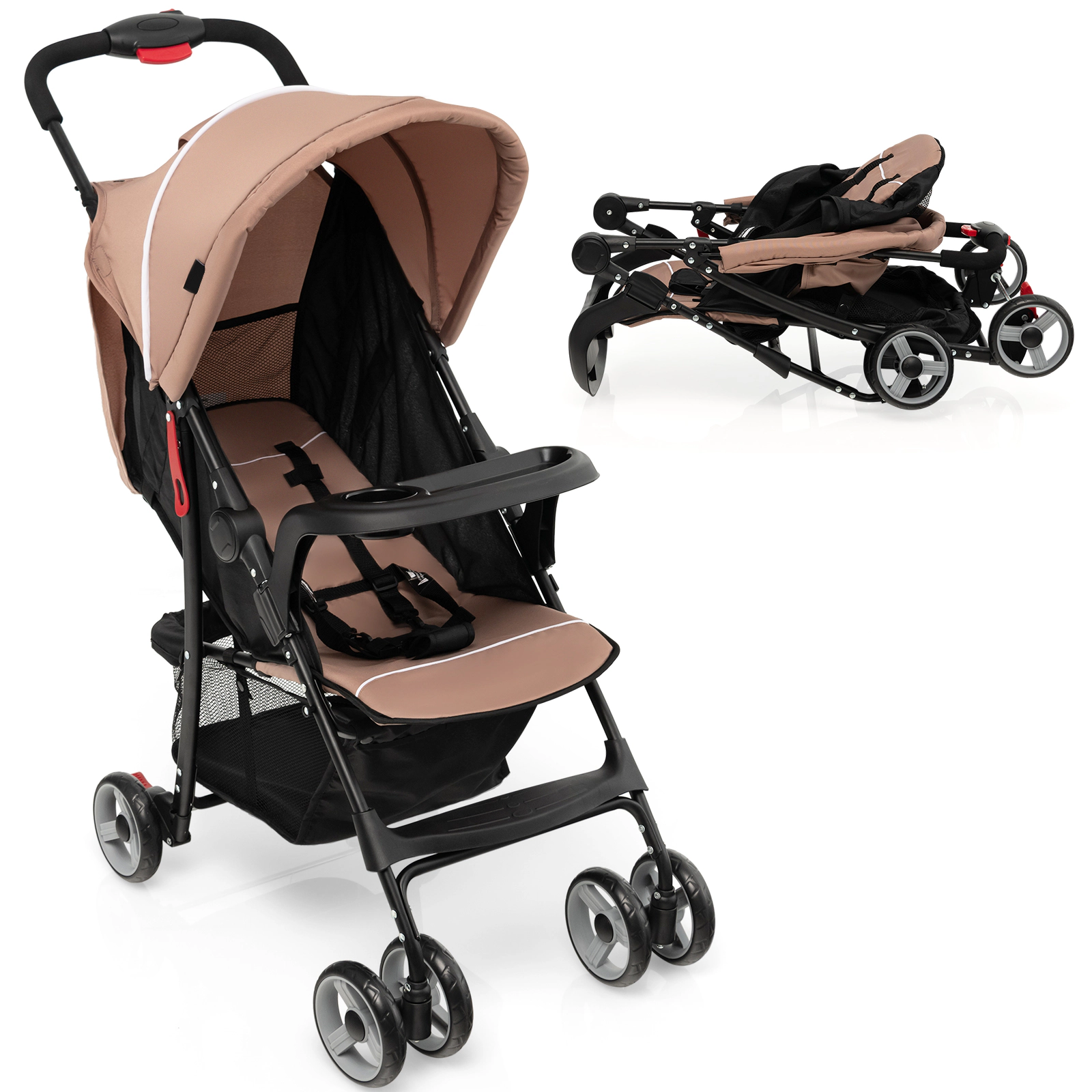 SUGIFT Coffee 33-lb Capacity Lightweight Toddler Travel Stroller with Canopy Skylight and Feeding Tray