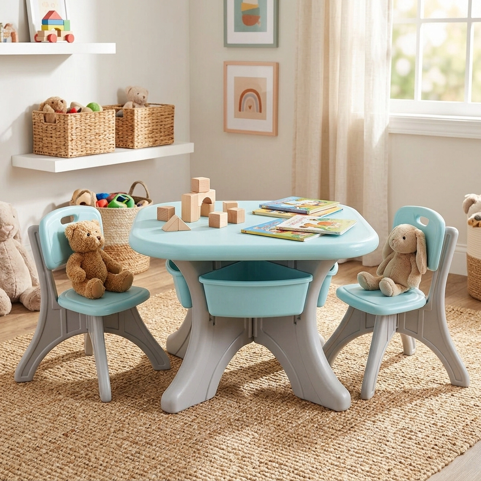 SUGIFT Blue Kids Activity Table and 2 Chairs, 4 Storage Drawers, 27-Inch Square Top