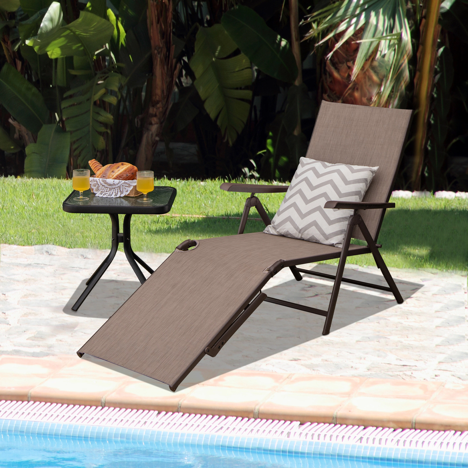 SUGIFT Brown Foldable Chaise Lounge Chair, 5-Angle Backrest, 2-Position Footrest