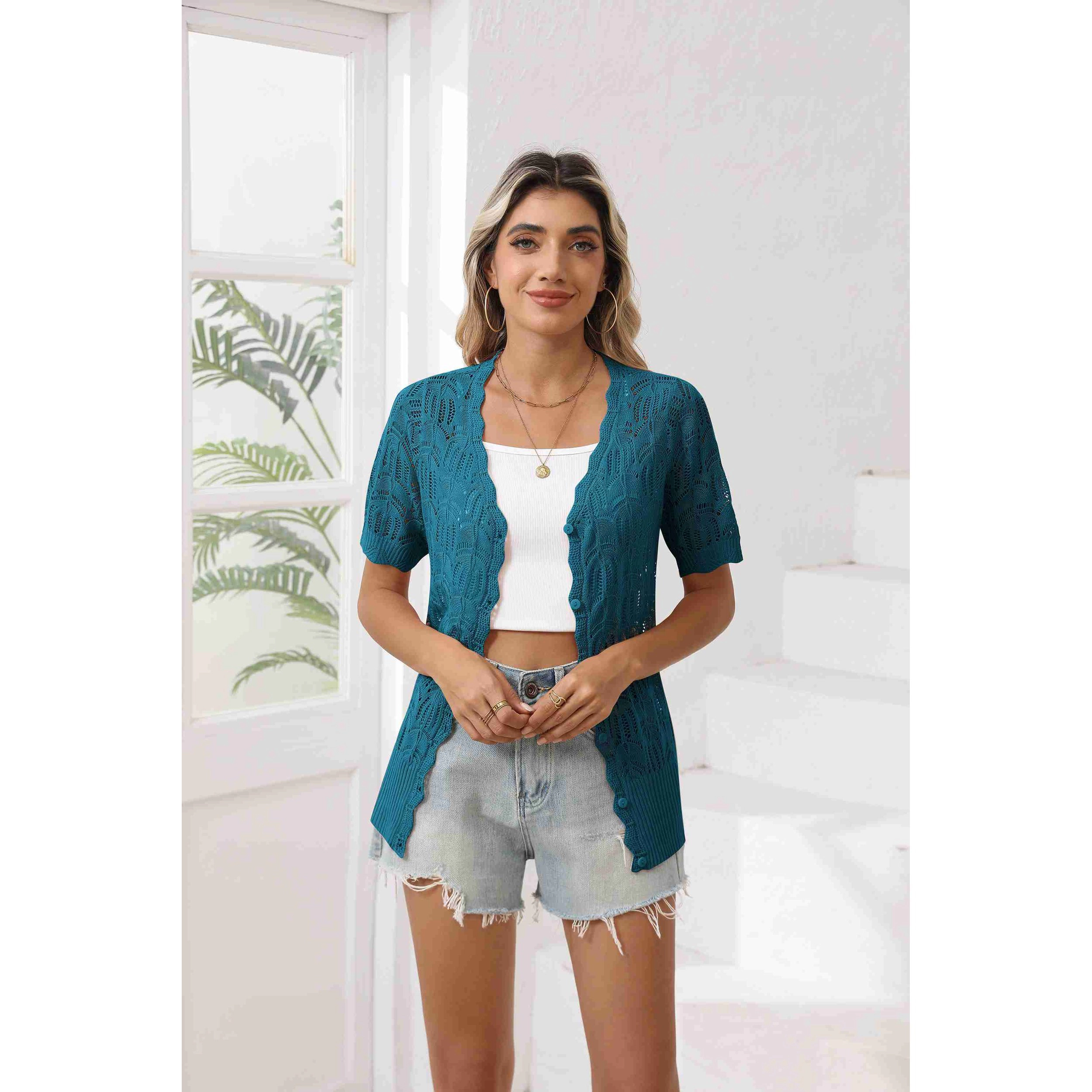 Zeagoo Women's Short Sleeve V-Neck Button Up Hollow Out Cardigan