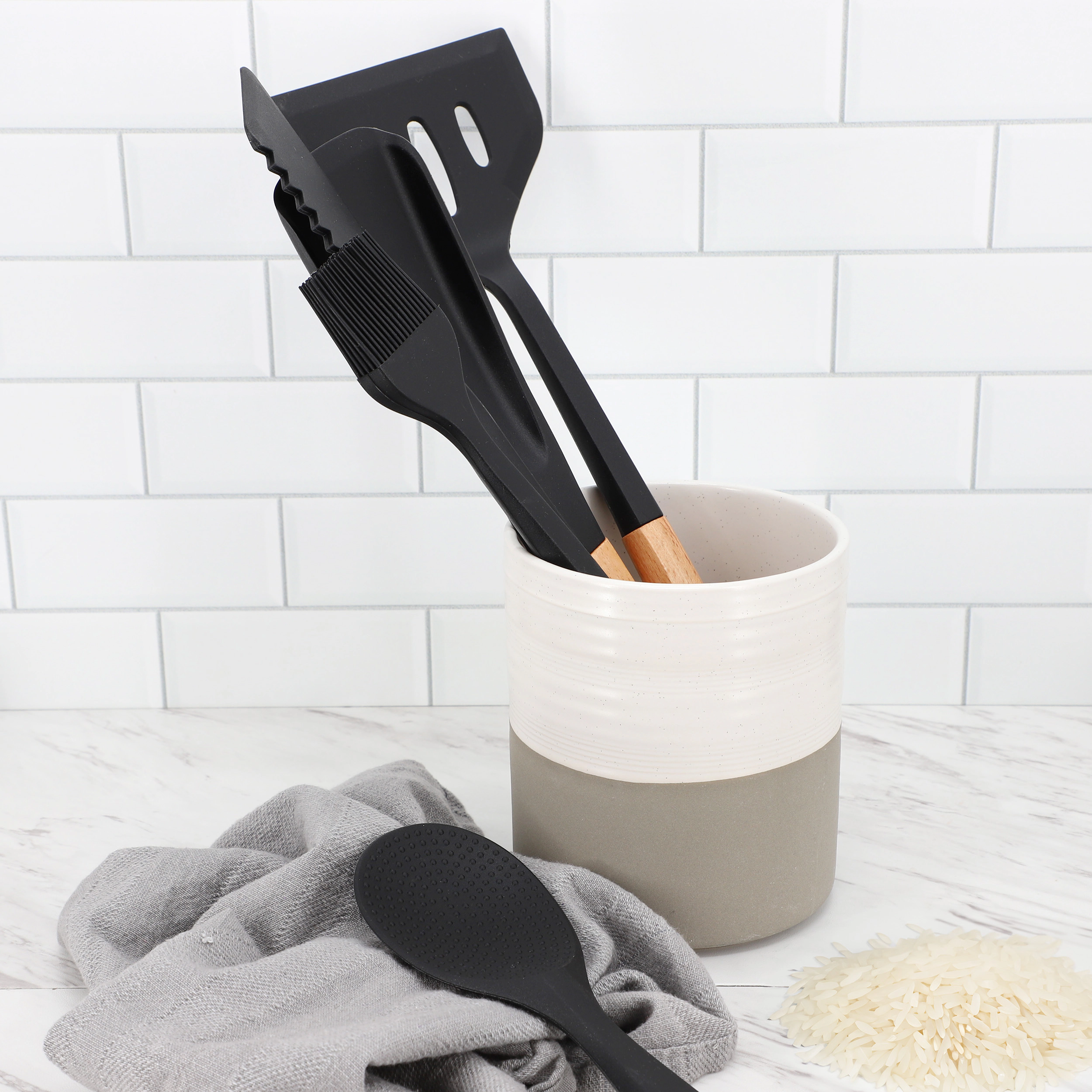 Oster Marion 5 Piece Silicone and Wood Kitchen Tool Set in Black