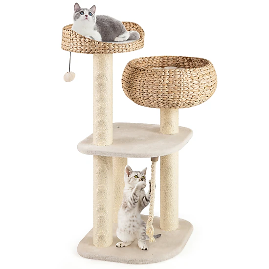 Glintex 41-Inch Woven Rattan Cat Tree with Raised Basket Bed and Sisal Posts
