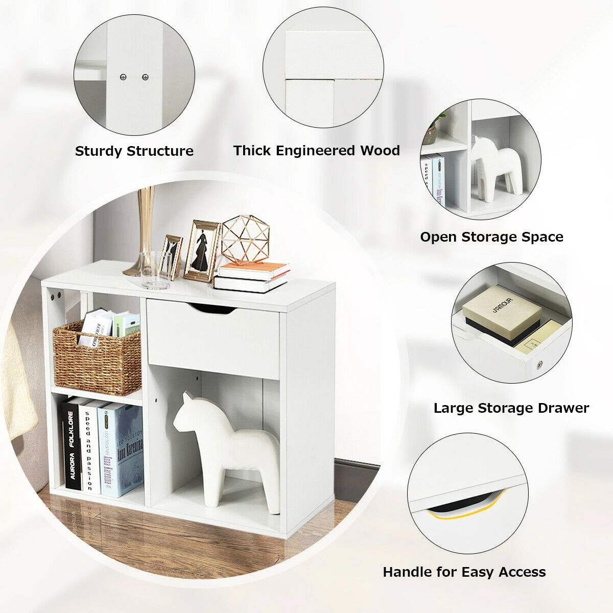 Hivvago 3-Tier Side Table with Storage Shelf and Drawer Space
