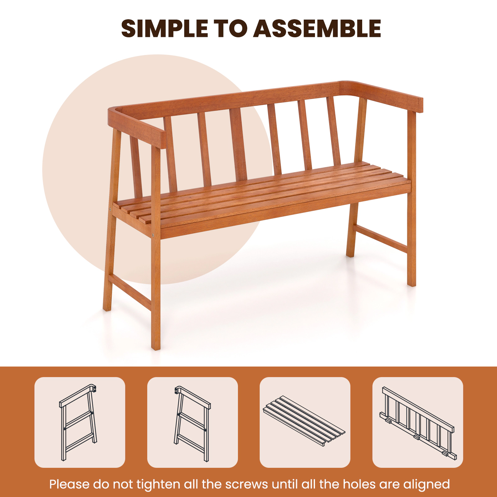 SUGIFT 43-Inch Natural Eucalyptus Wood Outdoor Bench, 2-Seat, Backrest and Wrap-Around Arms