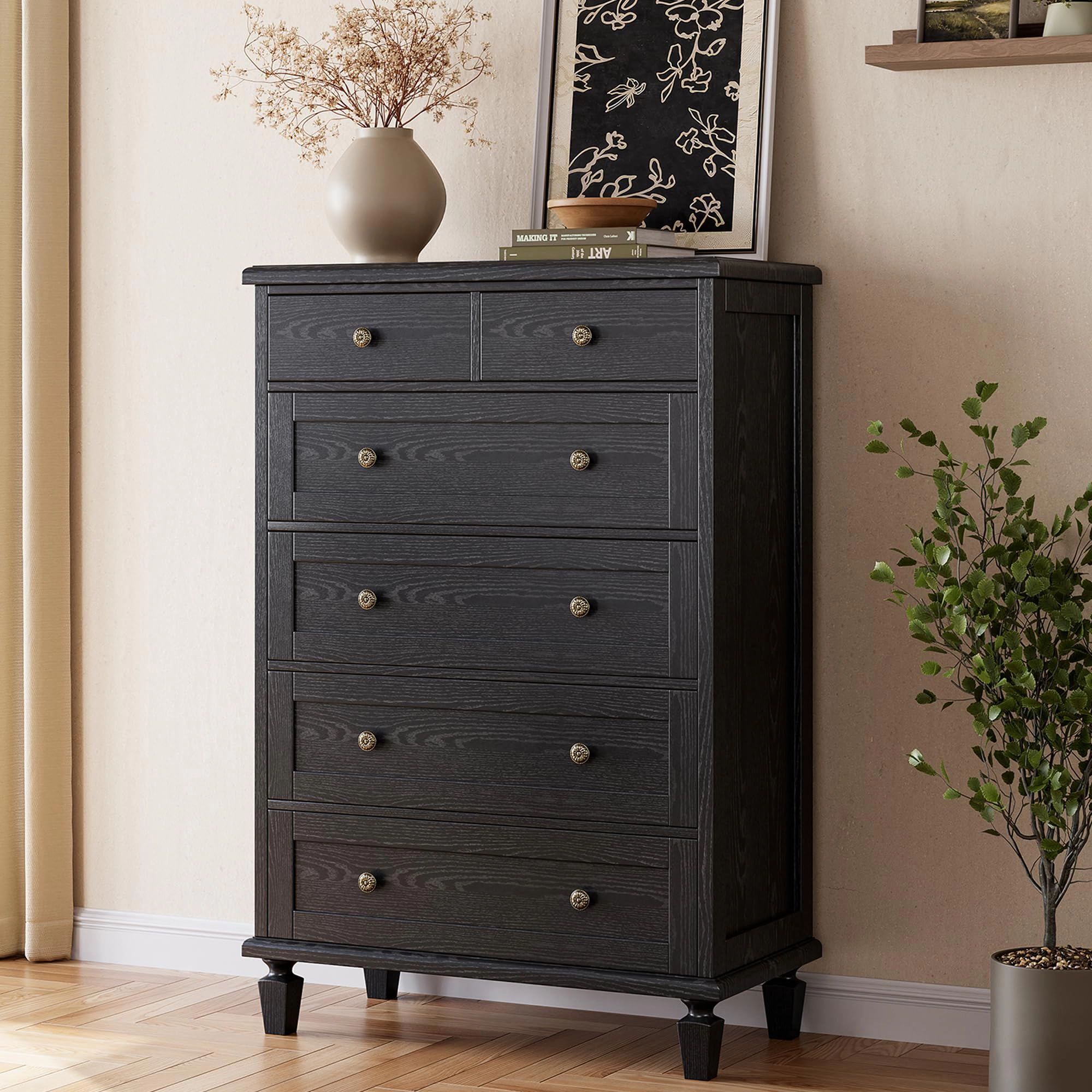 47" Tall Vintage 6 Drawer Wood Dresser with Carved Handles & Tapered Legs for Bedroom