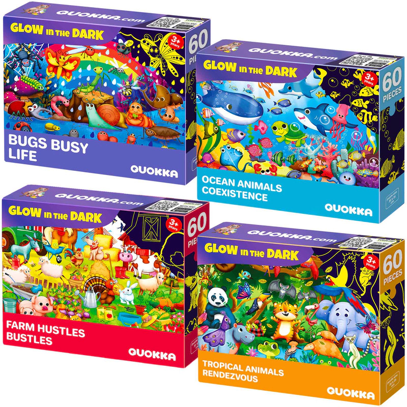 QUOKKA Glow-in-the-Dark Puzzle Set for Kids Ages 4–8, 4-Pack, 60 Pieces Each, Animal & Fantasy Themes