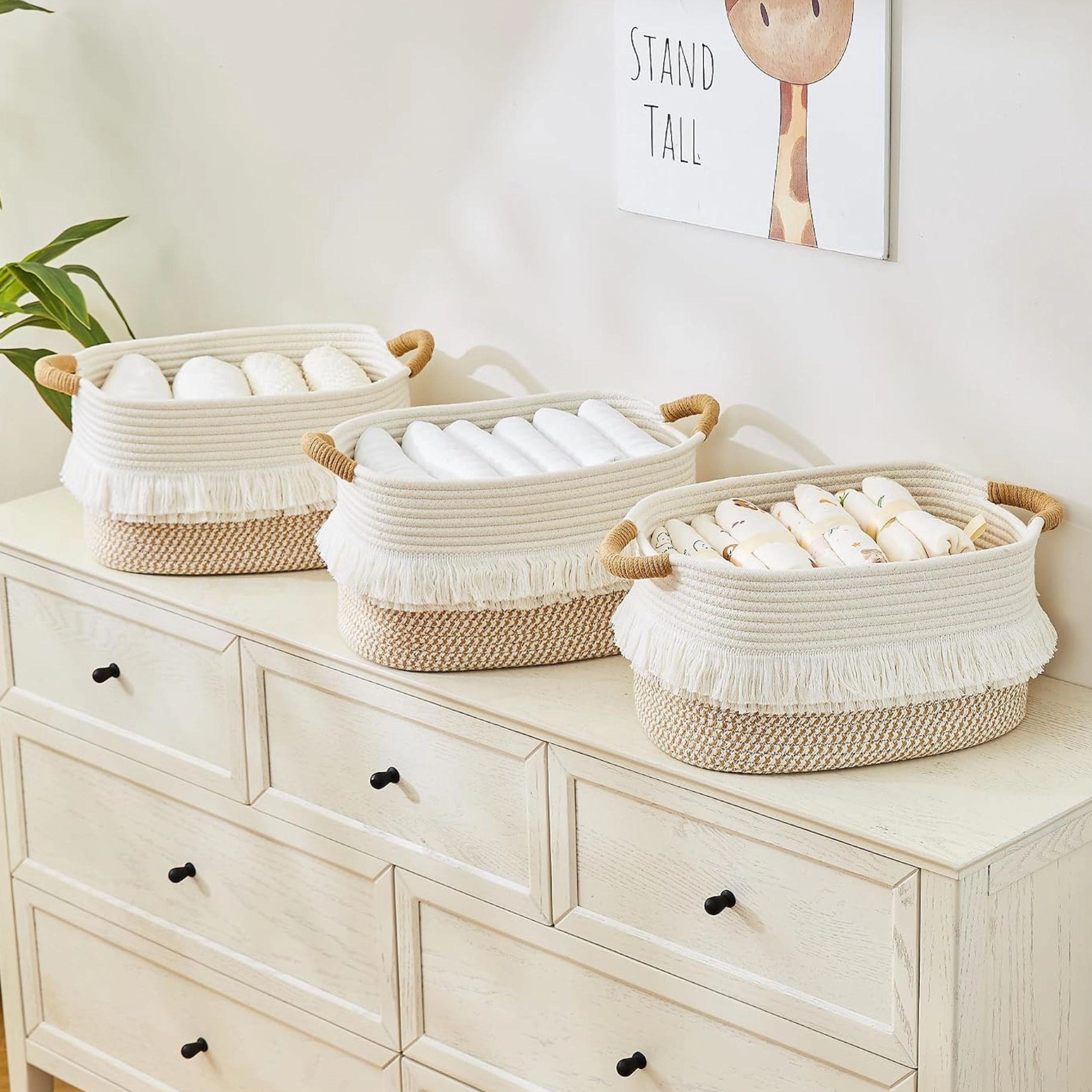 Stock Preferred Pack of 3 Boho Cotton Rope Woven Storage Baskets for Shelves