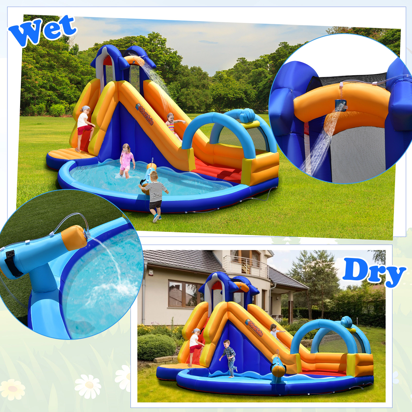 LJG Kids Inflatable Bouncy House with Slide and Splash Pool without Blower