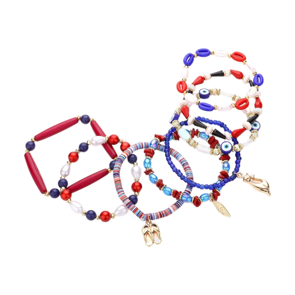 FASHNZFAB 8PCS - Metal Flip Flops Leaf Cat Charm Evil Eye Pointed Various Beads Beaded Stretch Multi Layered Bracelet