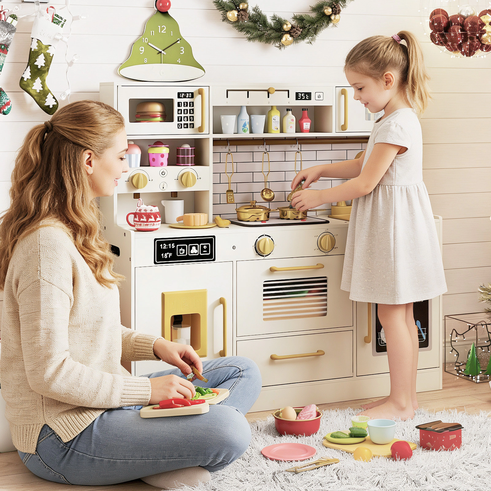SUGIFT Pretend Toy Kitchen Set with Stoves and Water Dispenser MDF Play Kitchen 34-in Wide Ages 3+ 1-Pc Set Beige