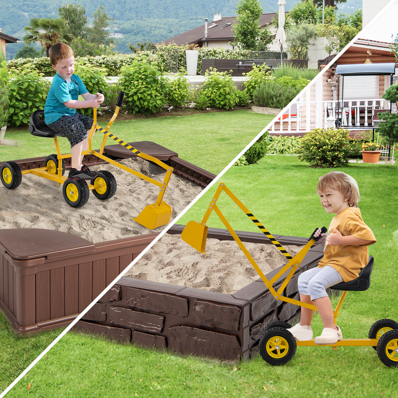 All-Season Kids Sand Digger Ride-On Excavator Toy 2-Handed Levers 360-Degree Swivel Seat Backrest 110-lb Ages 3+ Yellow