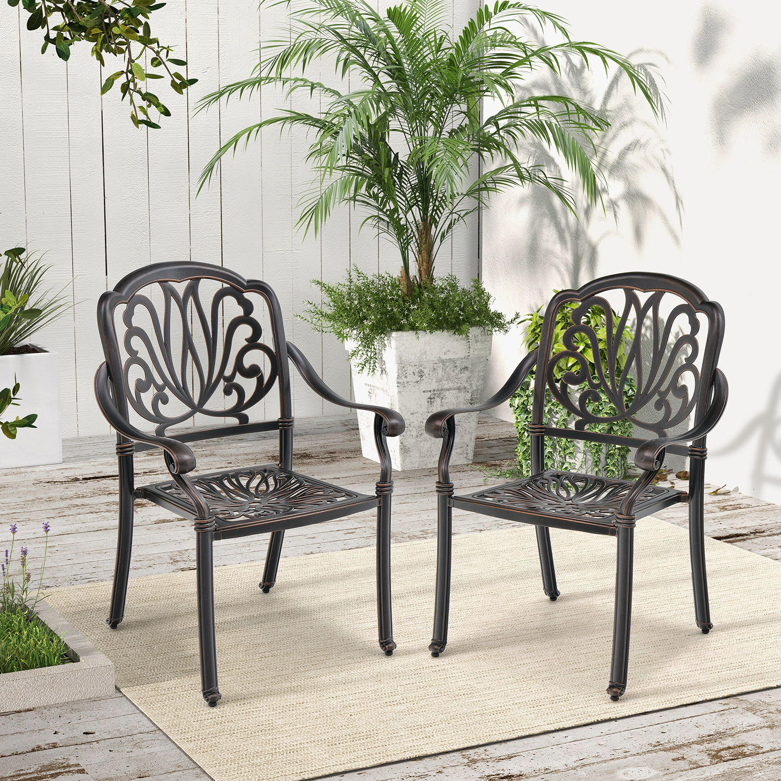 LJG 2 Pieces Patio Cast Aluminum Dining Chairs with Armrests
