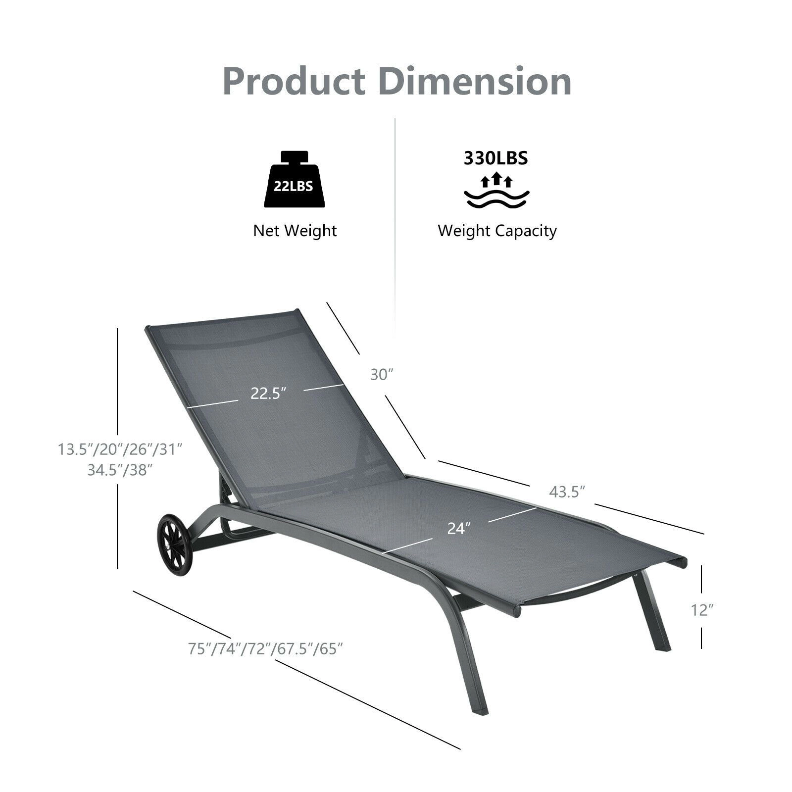 SlickBlue Adjustable Outdoor Chaise Lounge with 6-Position Backrest