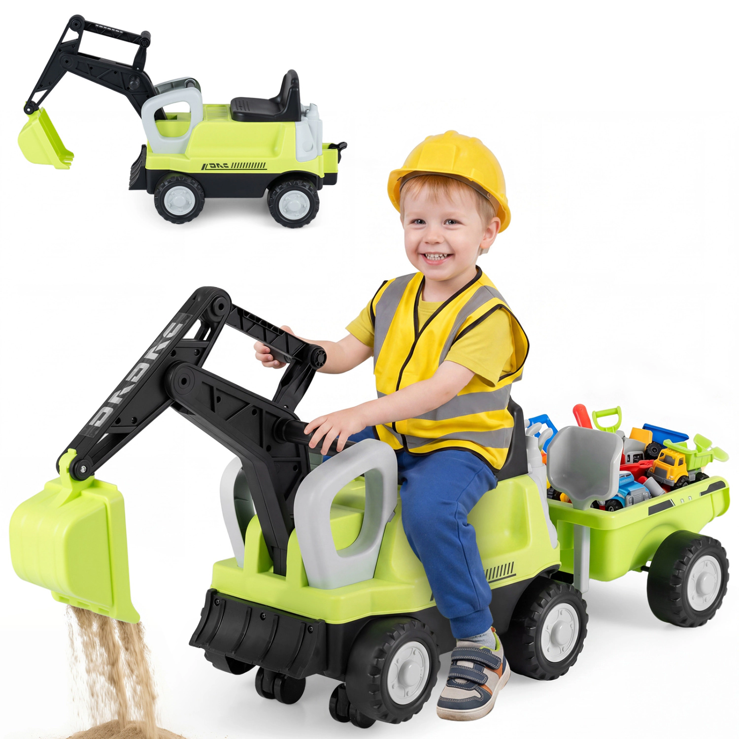LJG 2-In-1 Kids Ride on Tractor with Digging Arm and Detachable Trailer