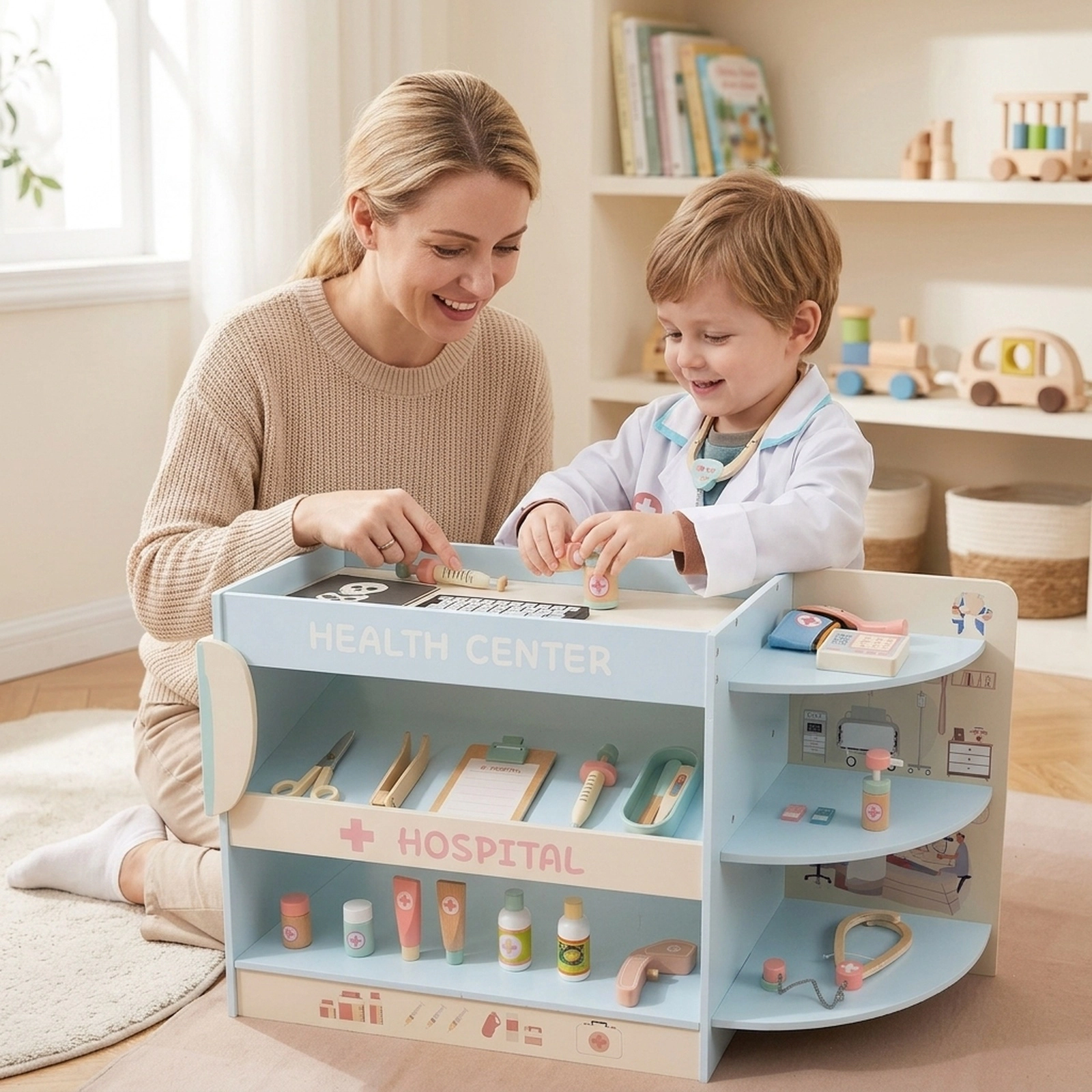 Kids Doctor Play Set Wooden Hospital Office Kit Eye Chart Toy CT Machine Rolling Trolley 45.5-in x 12-in x 28.5-in Blue