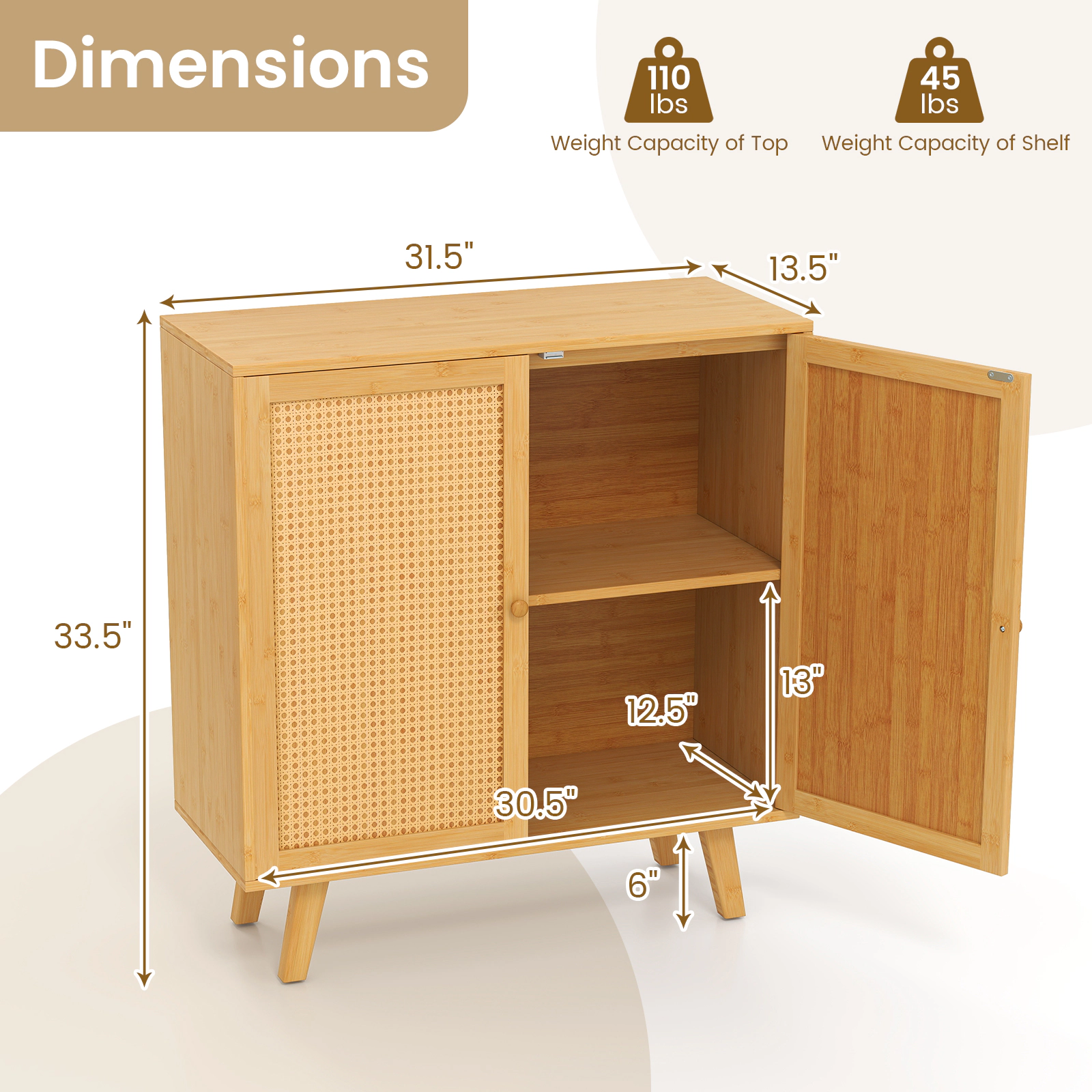 SUGIFT 31.5-in Natural Bamboo Buffet Cabinet with PE Rattan Doors and Shelf Freestanding Kitchen Cupboard