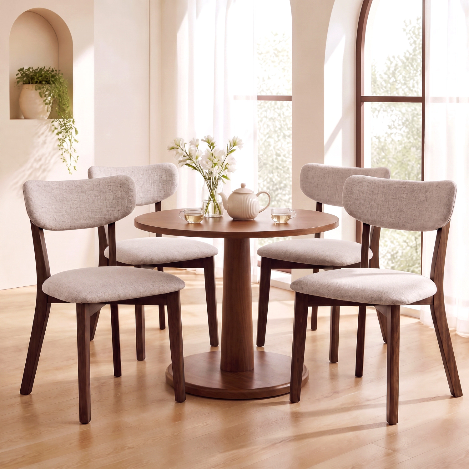LJG 4 Upholstered Chairs with Solid Rubber Wood Frame and Curved Backrest for Dining Room