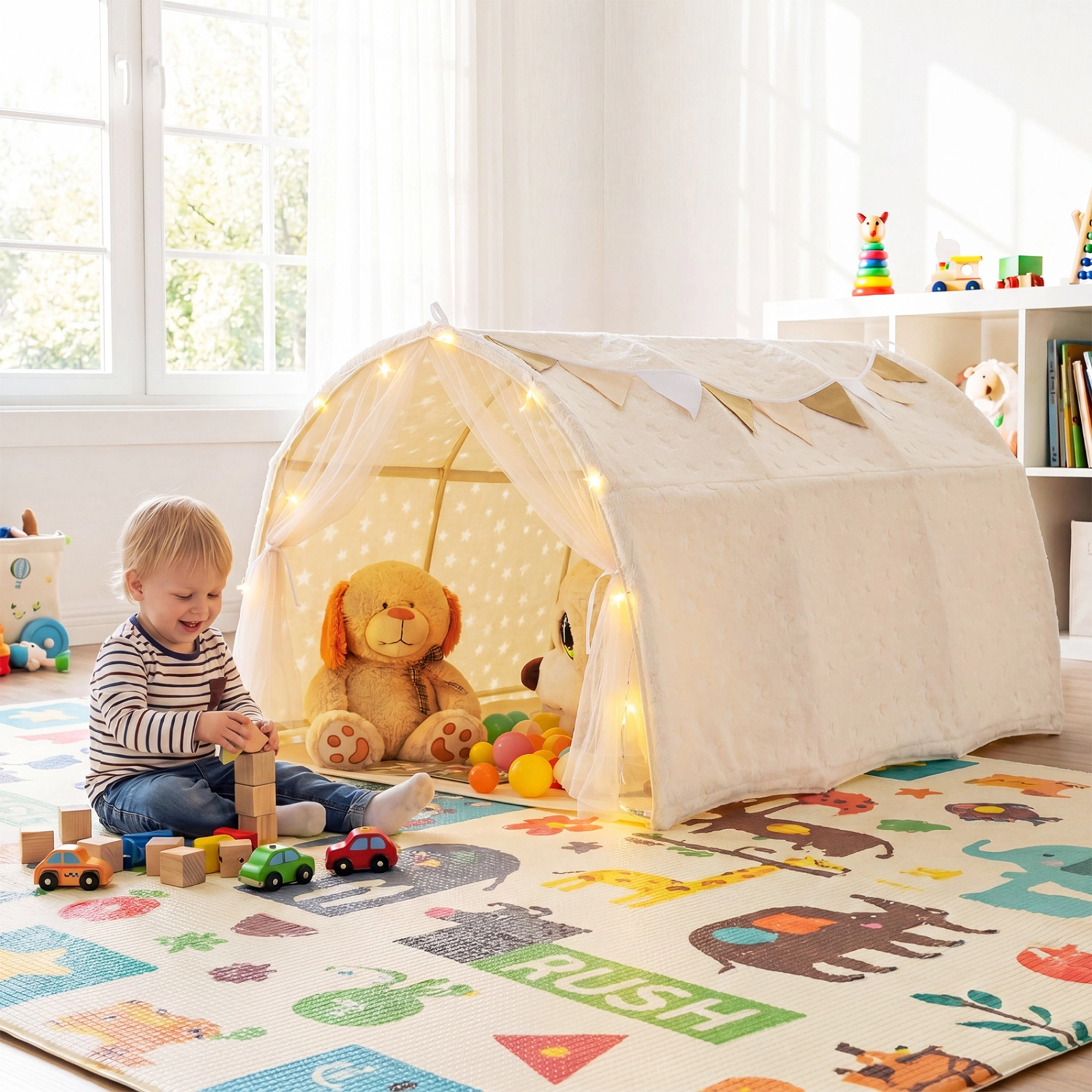 SUGIFT Kids Bed Tent Beige for Twin Bunk Bed with Glow in the Dark Stars