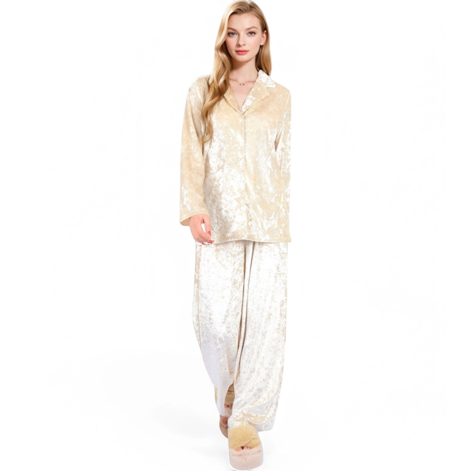 Anna-Kaci Women's Crushed Velvet Lounge Set with Button Up Long Sleeve Top and Wide Leg Pants