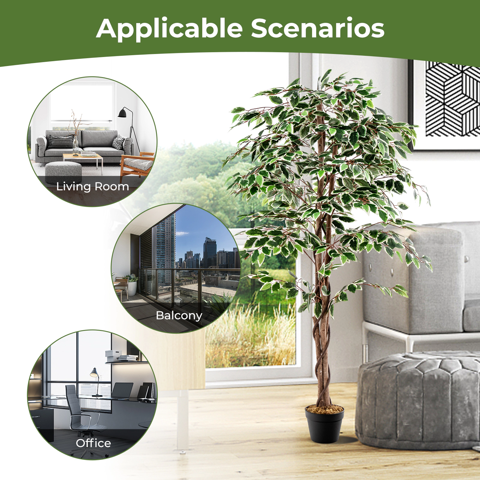 SUGIFT 65-in Tall Artificial Ficus Tree with 1008 White-Edged Leaves Solid Wood Trunk and Dried Moss