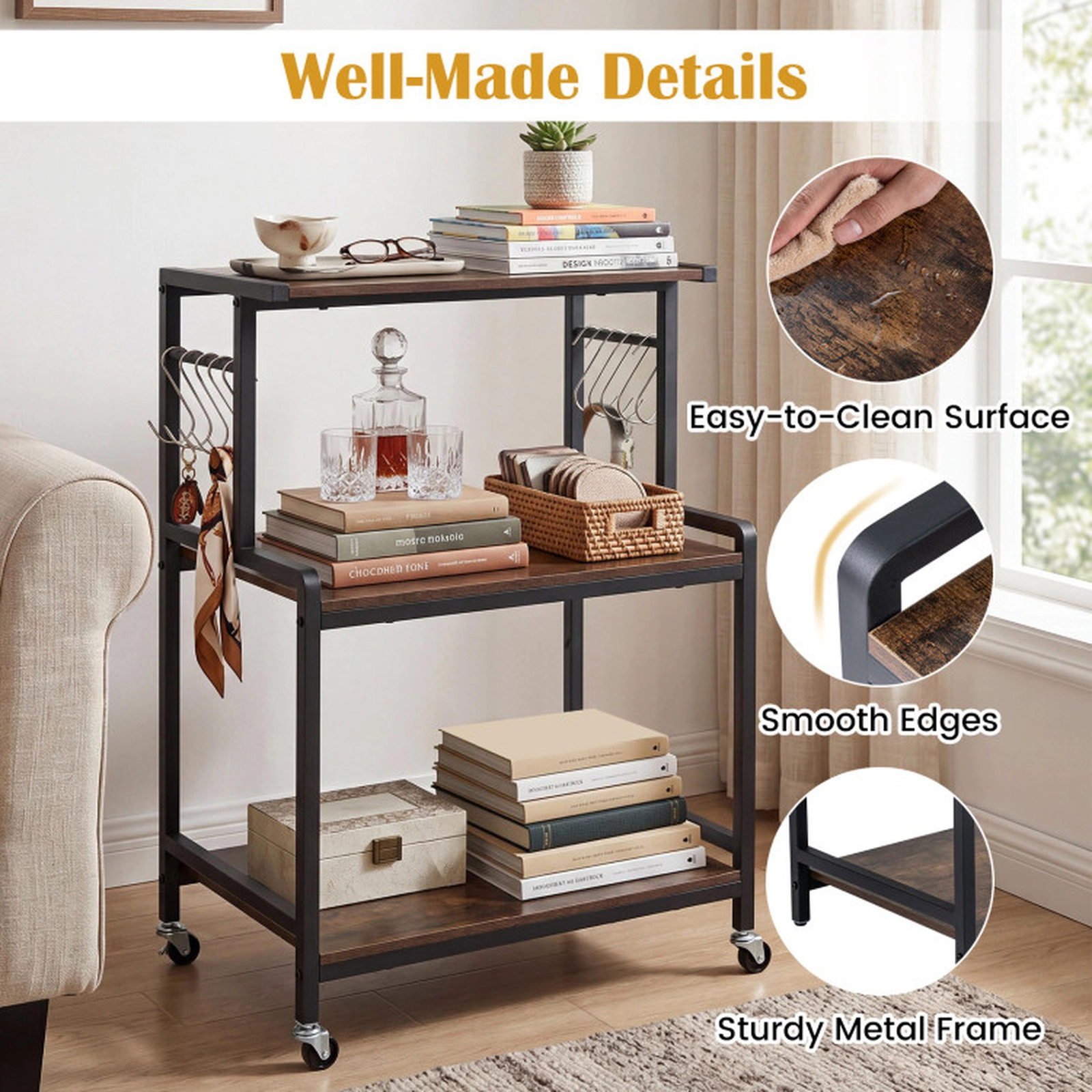 SUGIFT 3-Tier Rolling Microwave Cart with Power Outlet, Lockable Wheels and 10 Hooks 286-lb Capacity Rustic Brown