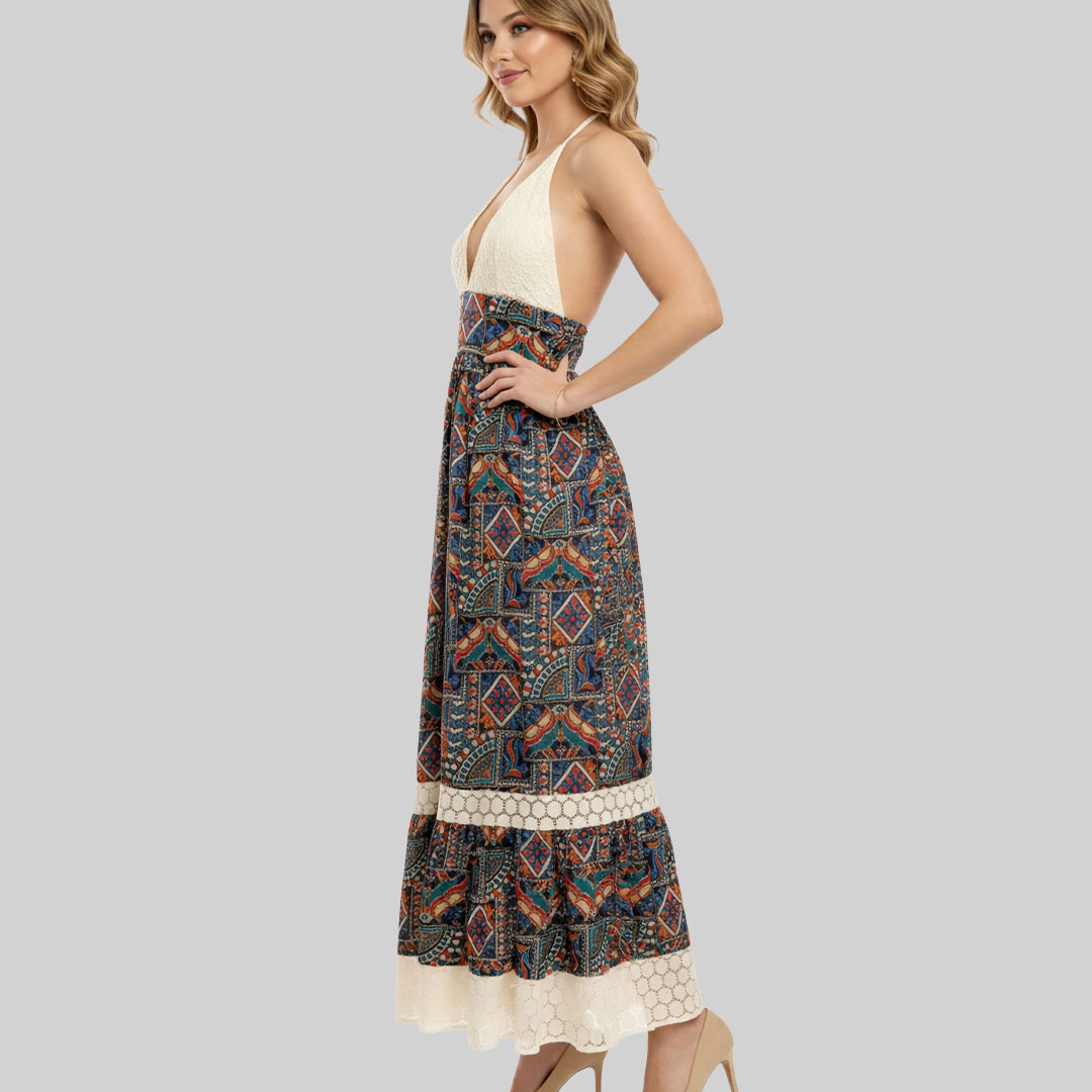 Artyska Women’s Halter Neck Printed Lace Bodice & Tiered Hem Maxi Dress