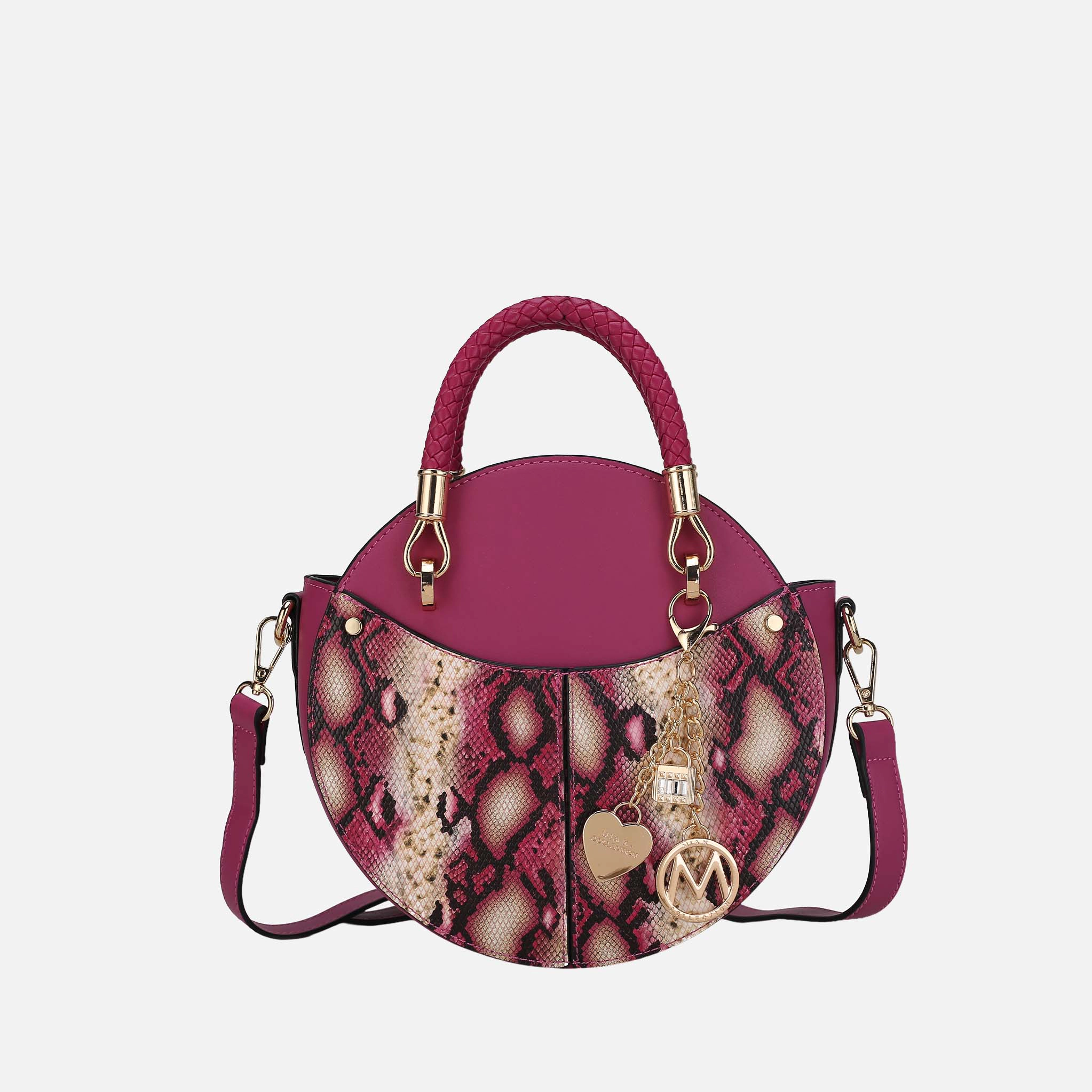 MKF Collection Camille Round Crossbody Bag - Snake Embossed Vegan Leather Shoulder Bag, Gold-Tone Hardware